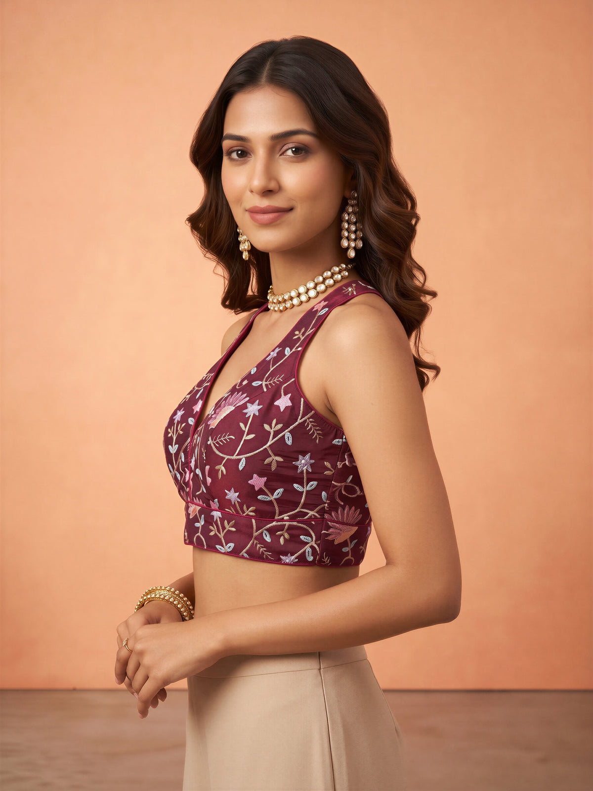 Wine sequin embellished satin sleeveless readymade saree blouse with deep v neck view 2
