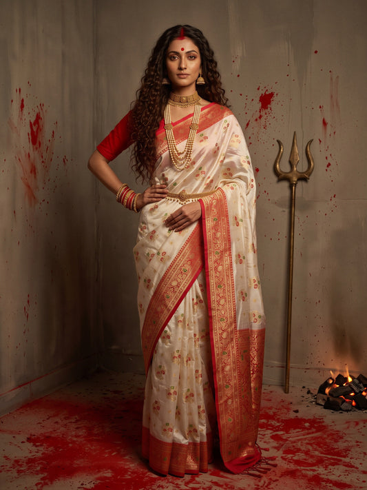 Woman wearing white banarasi silk saree with zari butta (metallic motif) work and red blouse