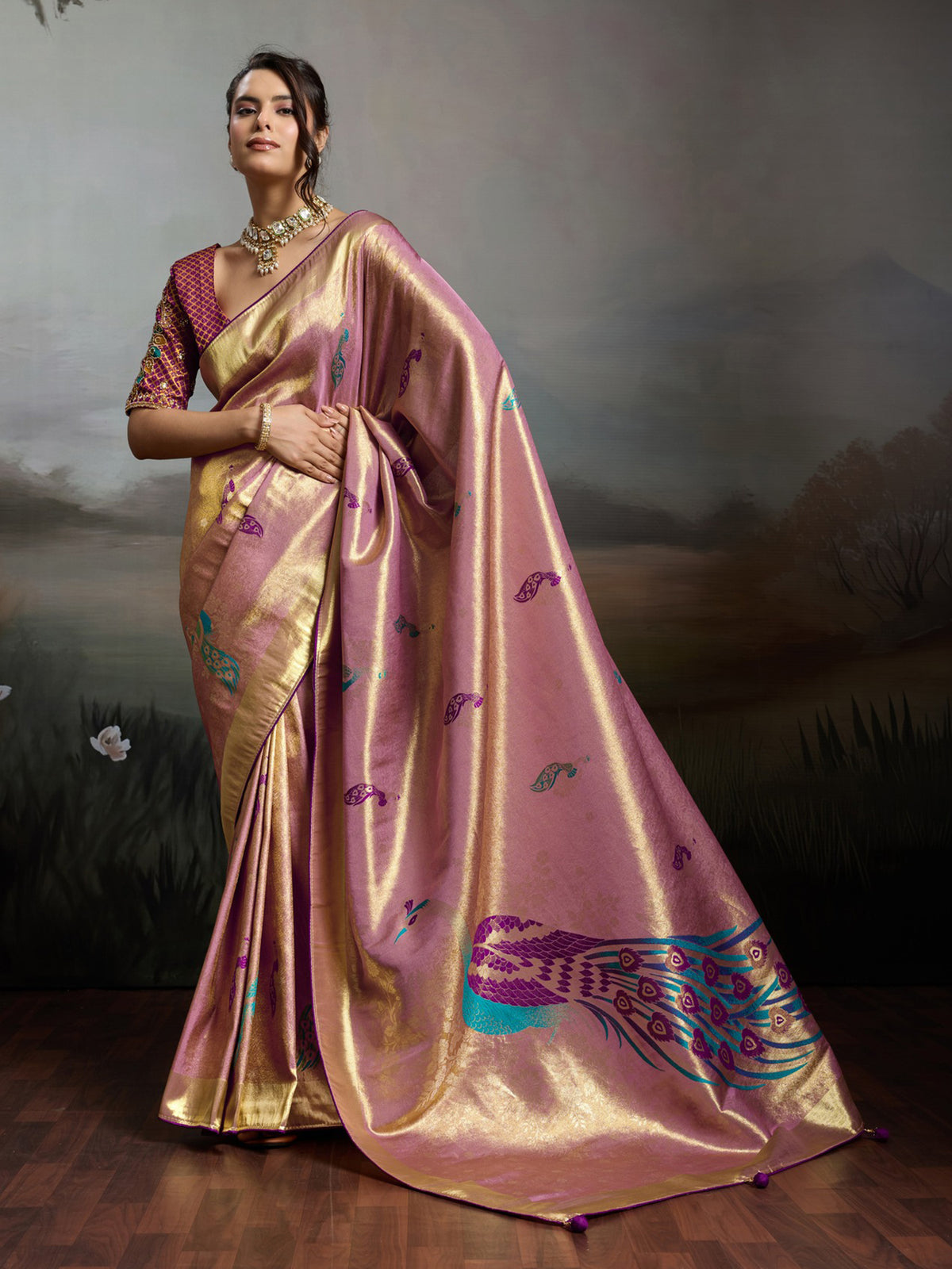 Woman wearing lavender banarasi silk saree with woven motif design and purple blouse