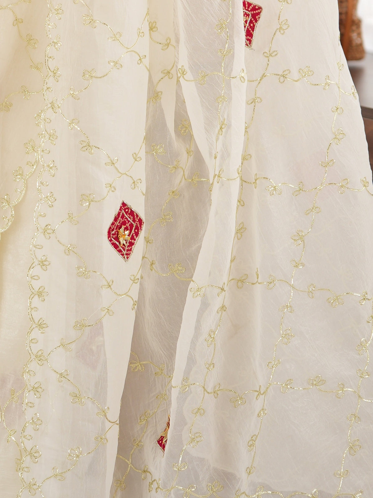 Pallu detail of off white paper silk saree showing ornamented surface design and embellished border