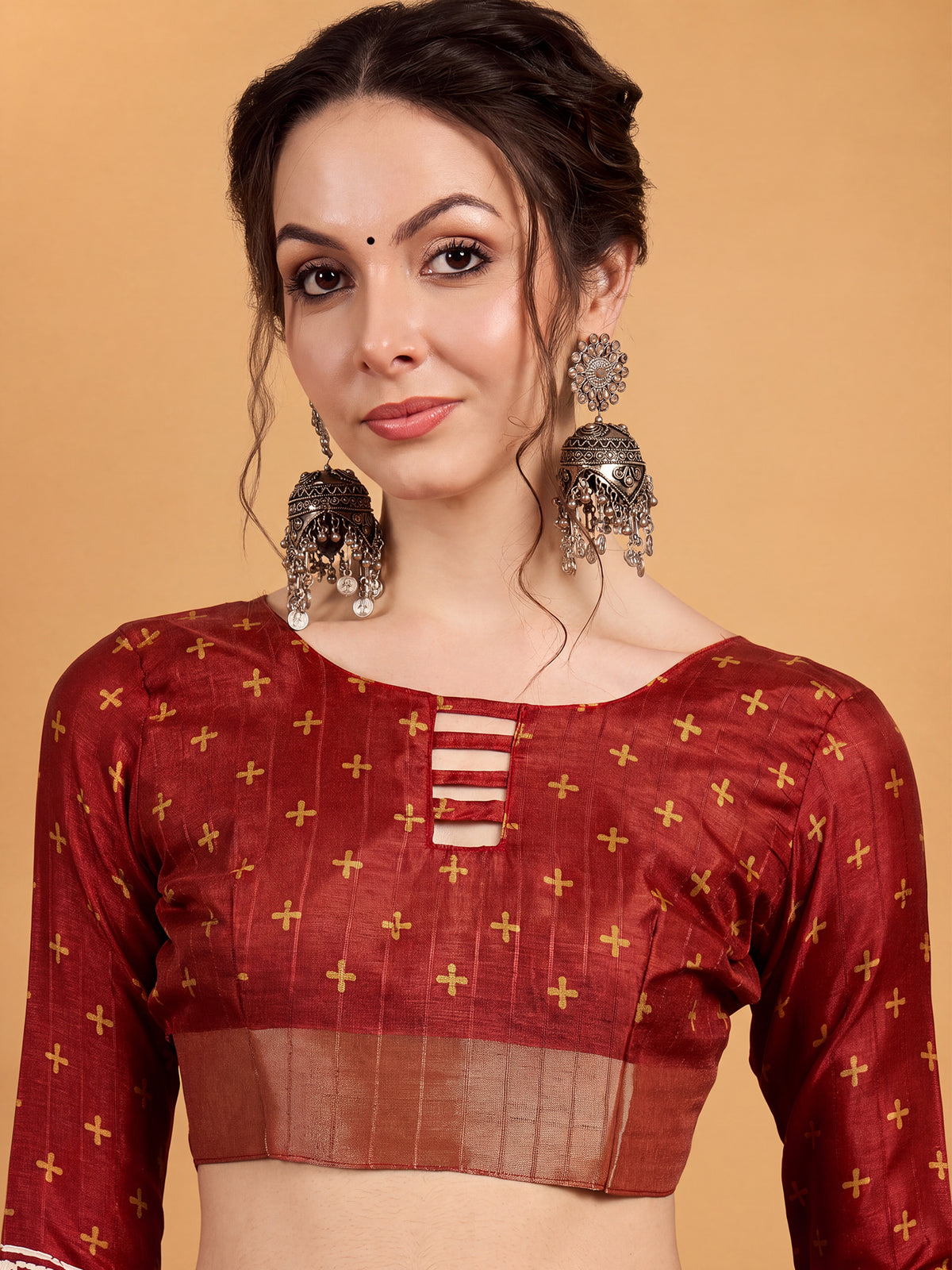 Unstitched rust silk blend blouse piece with ethnic motif design