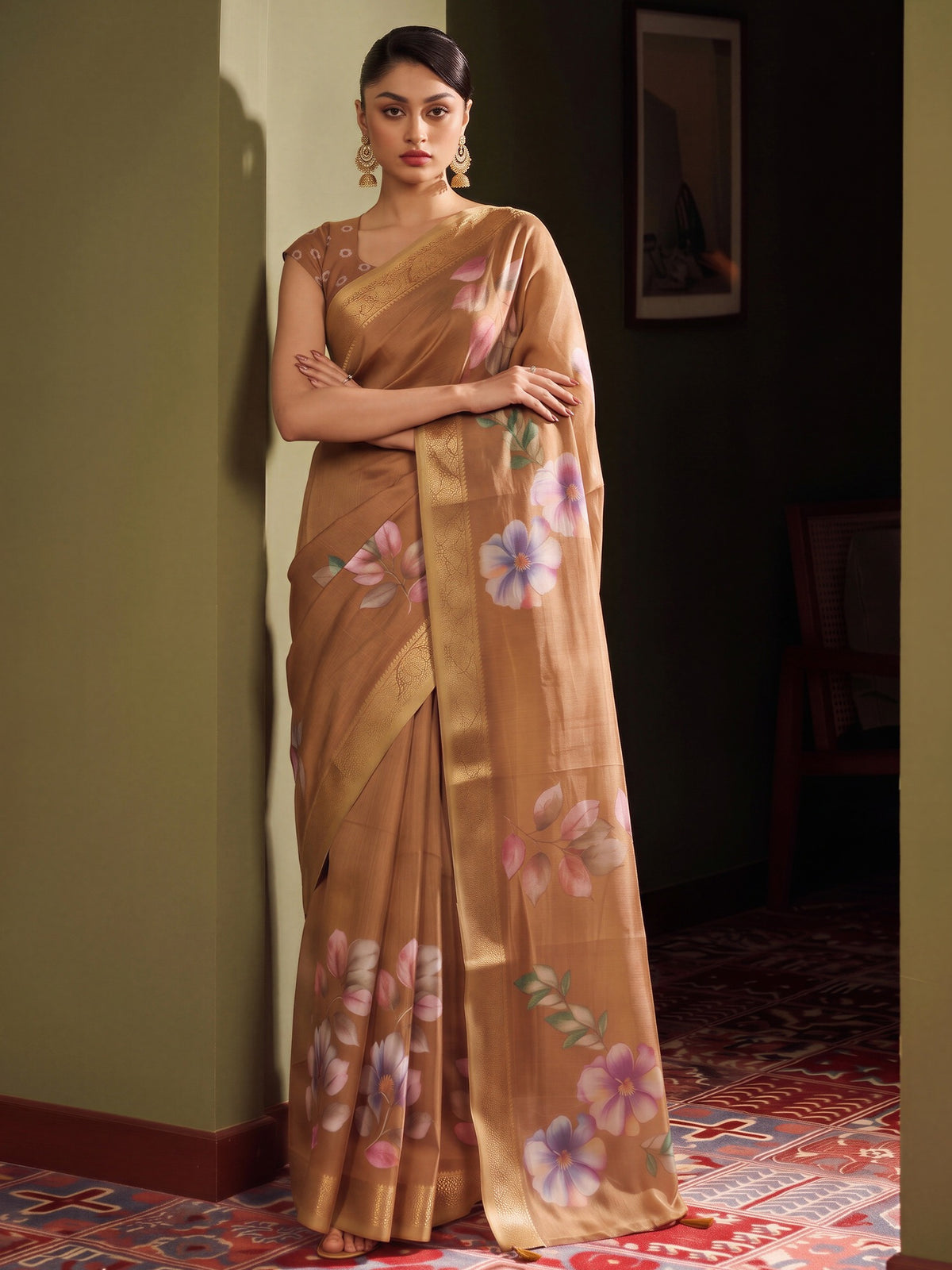 Light Brown silk blend saree view 3