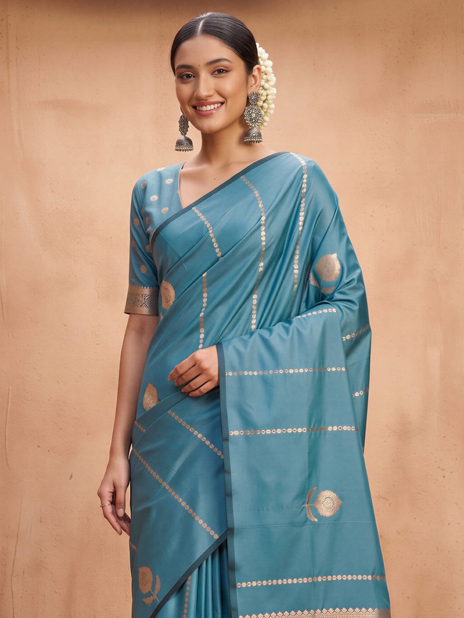 Teal Blue Satin Silk saree – detail view 3
