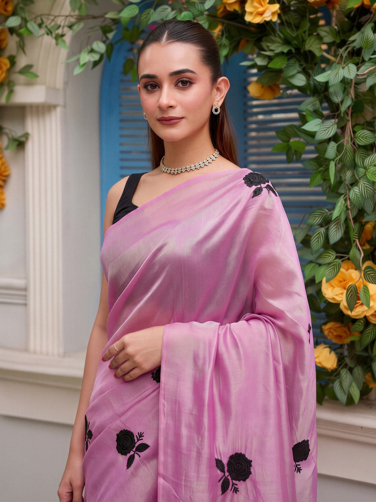 Pink satin saree view 4