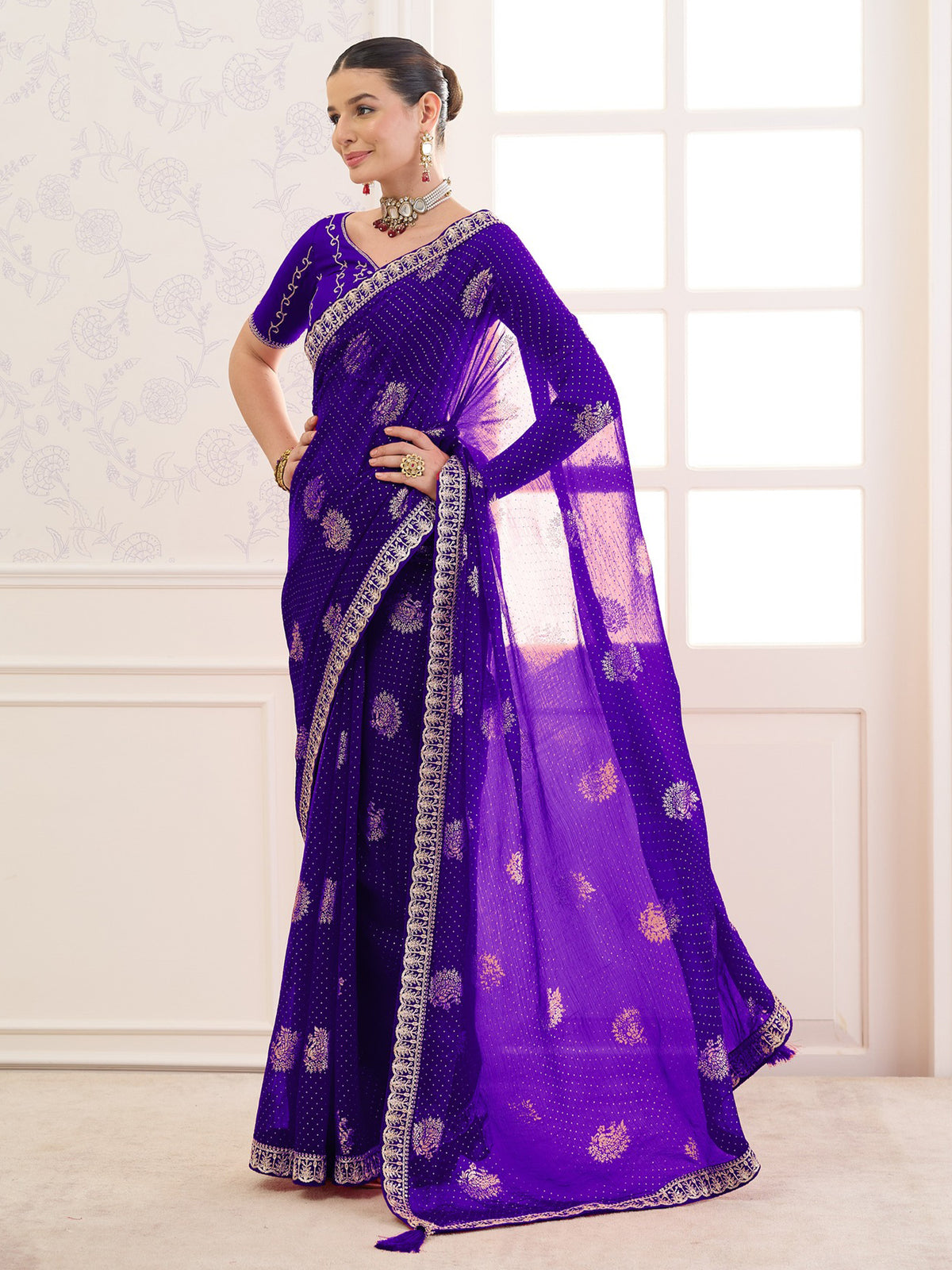 Violet chiffon saree view 1