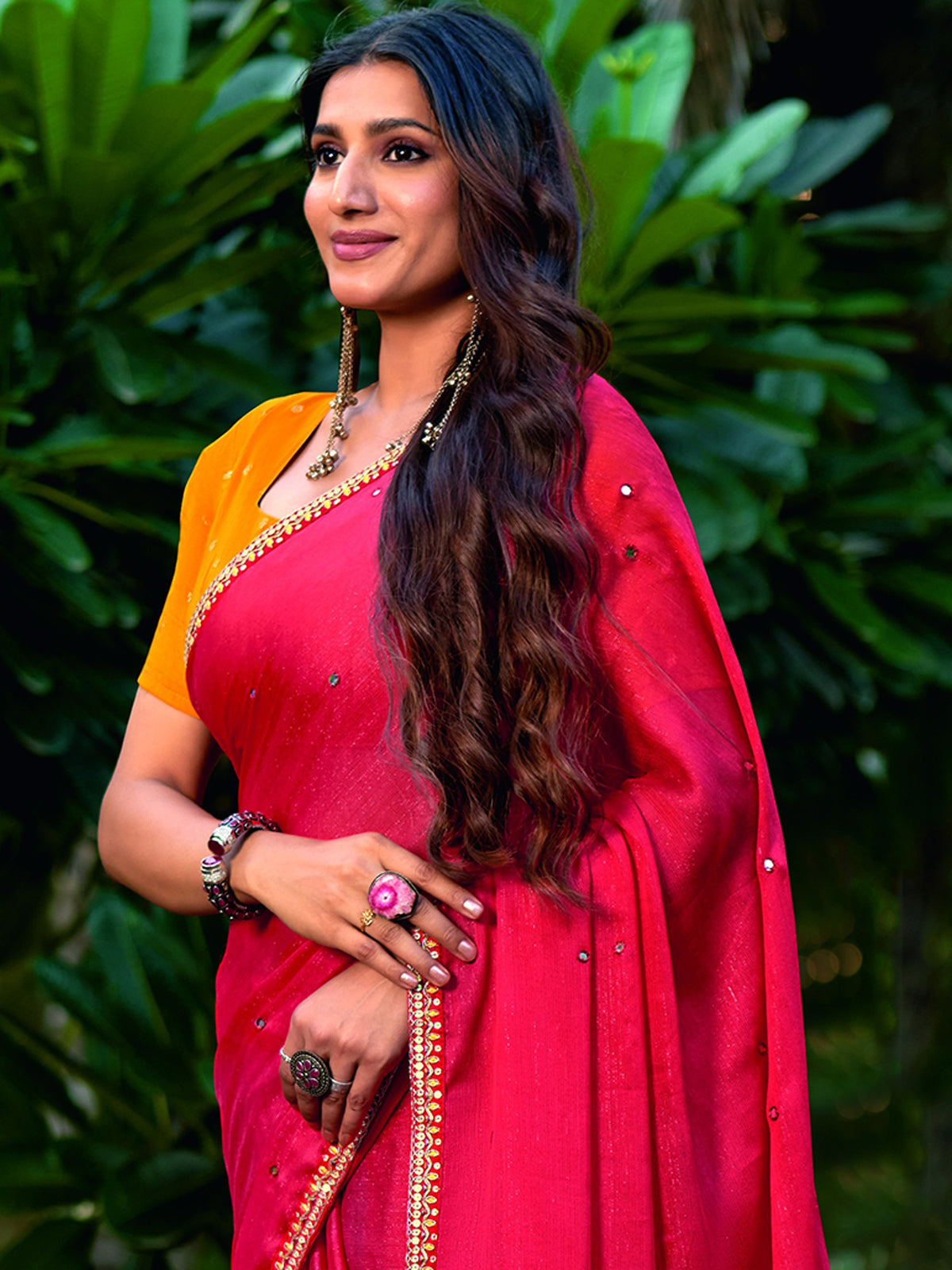 Red chiffon saree view 2