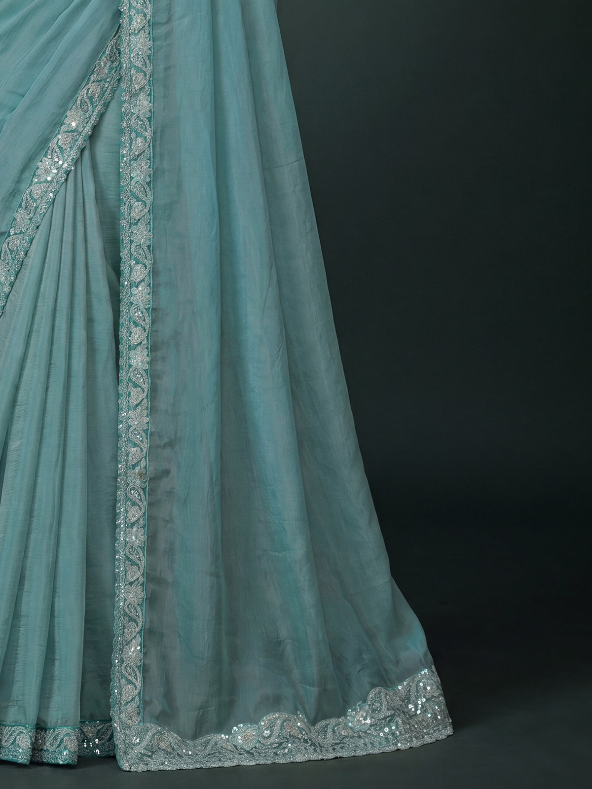 Turquoise Pure Georgette saree – detail view 5