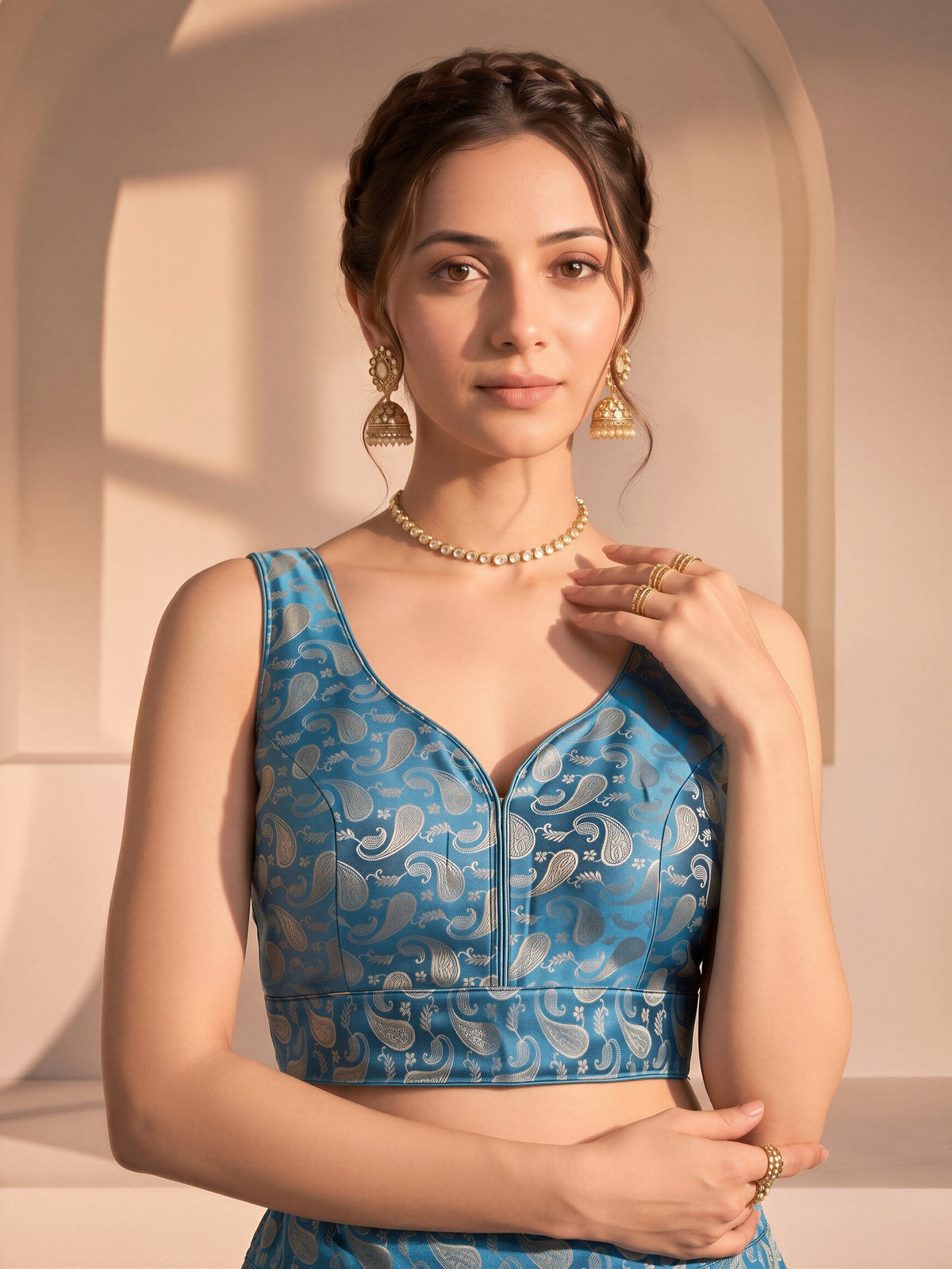 Teal woven brocade silk blend sleeveless readymade saree blouse with v neck view 3