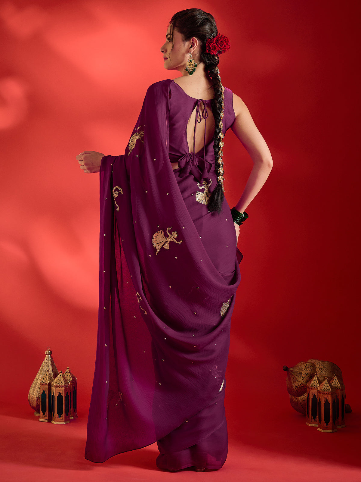 Wine Satin saree – detail view 1