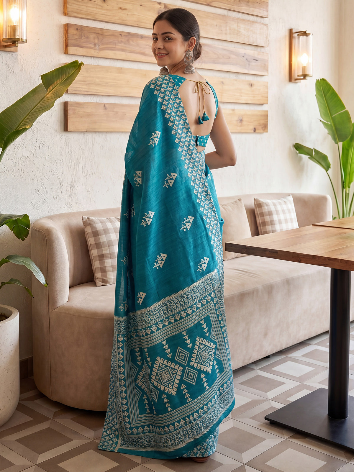 Teal Blue Cotton Blend saree – detail view 1