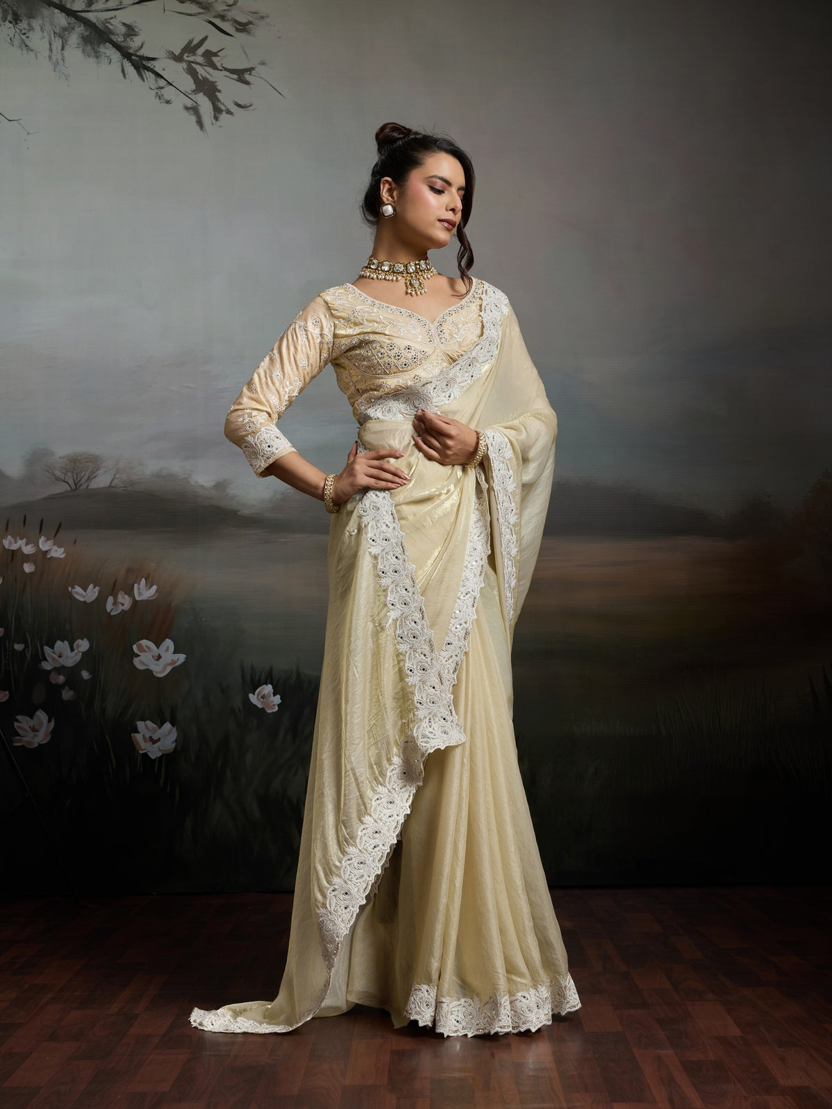 Off White Satin Silk saree – detail view 2