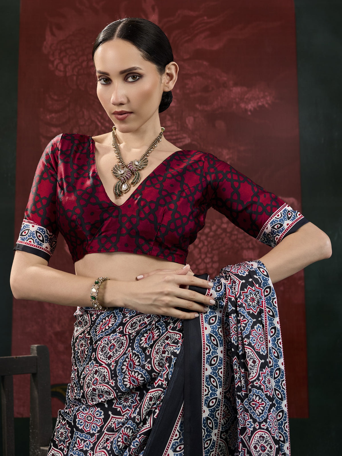 Black satin saree view 2