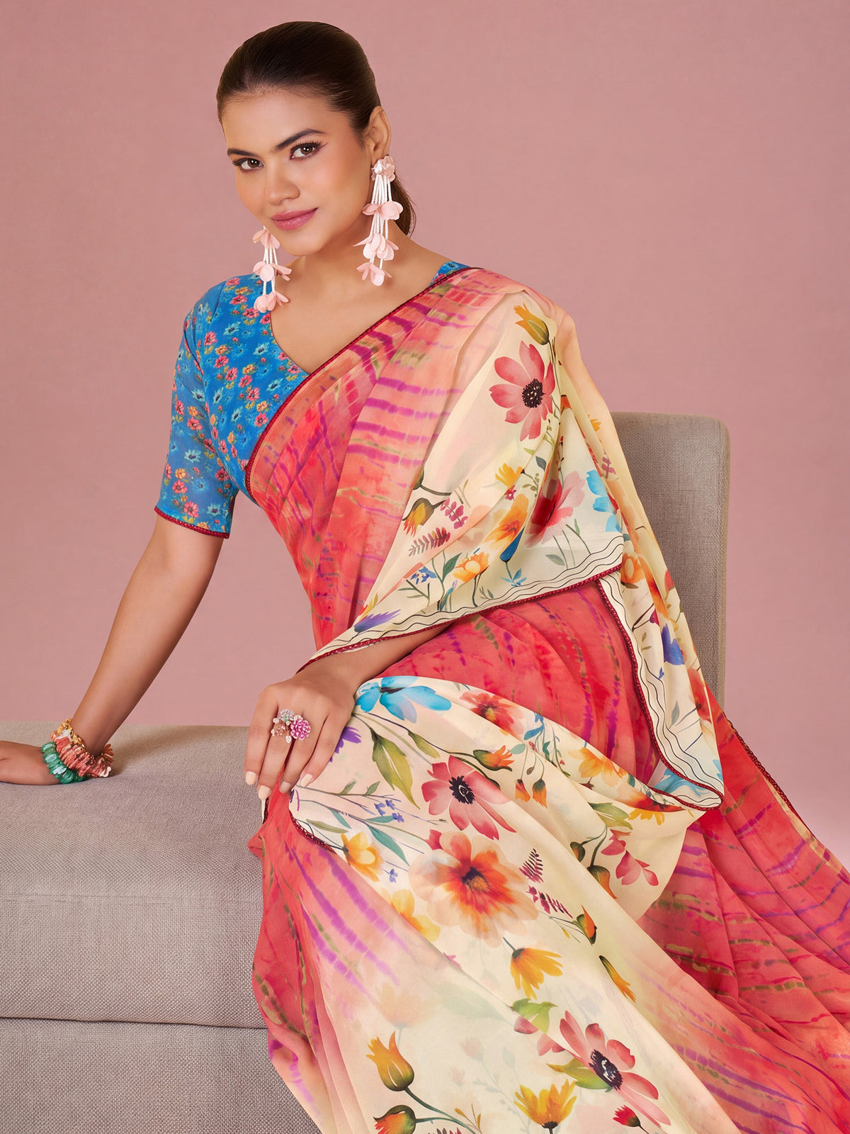 Pink Georgette saree – detail view 2