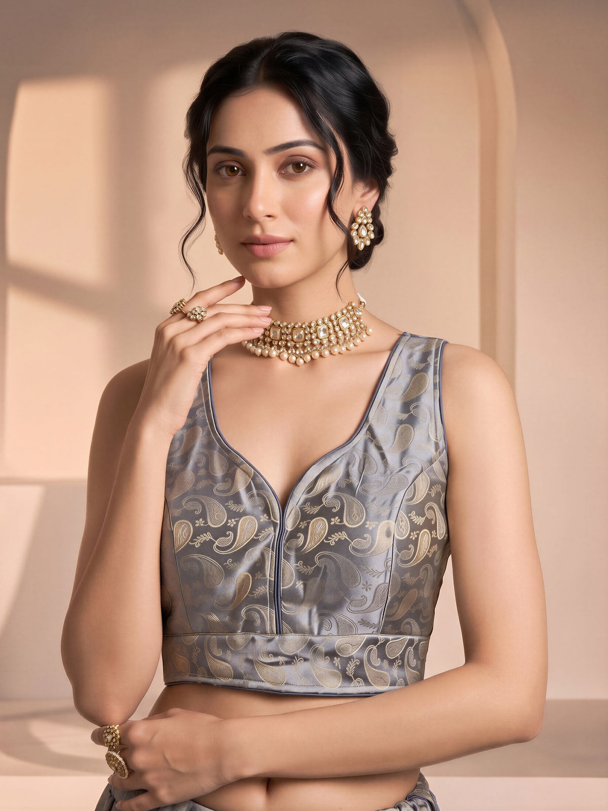 Grey woven brocade silk blend sleeveless readymade saree blouse with v neck view 2