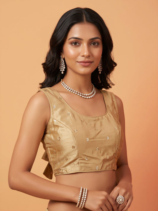 Gold sequin embellished chinnon sleeveless readymade saree blouse with round neck