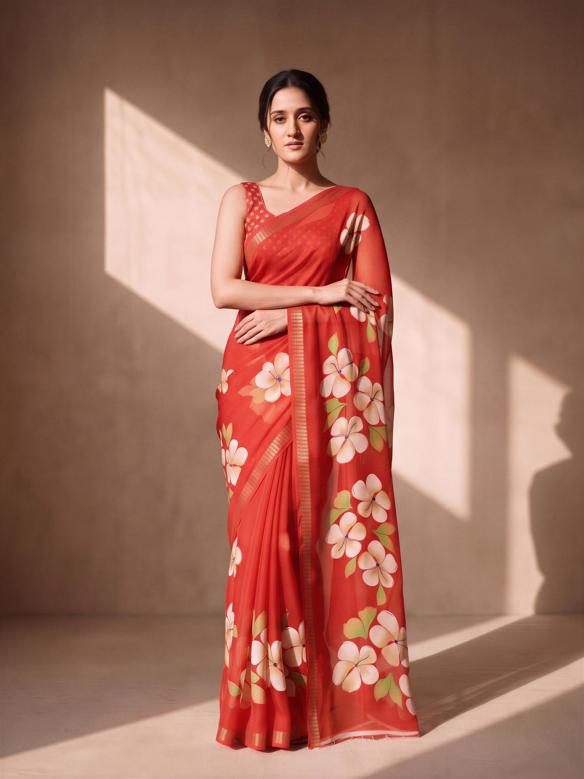 Red Georgette saree – detail view 3