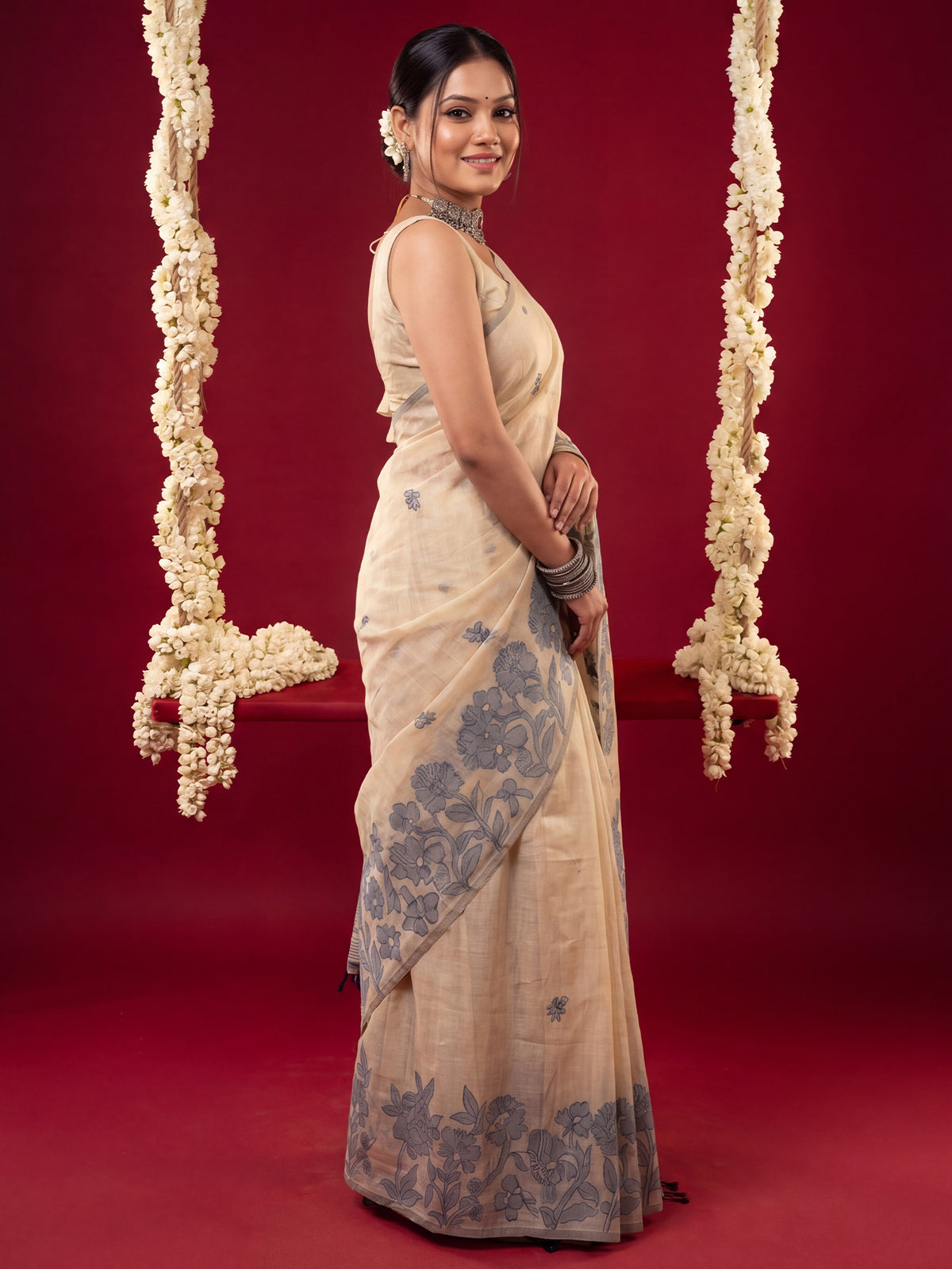 Cream Chanderi Cotton saree – detail view 2
