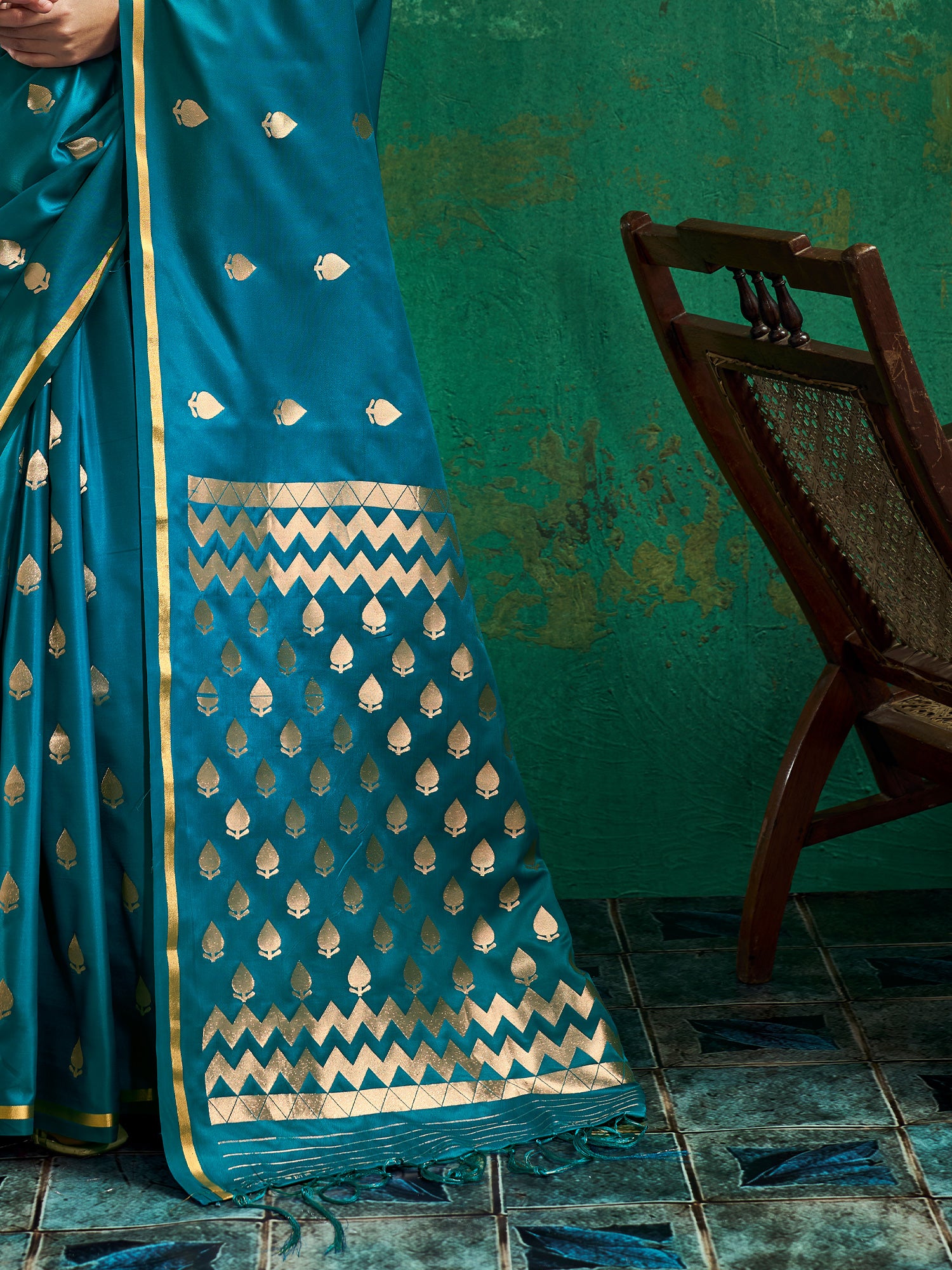 Teal Blue Satin Silk saree – detail view 4
