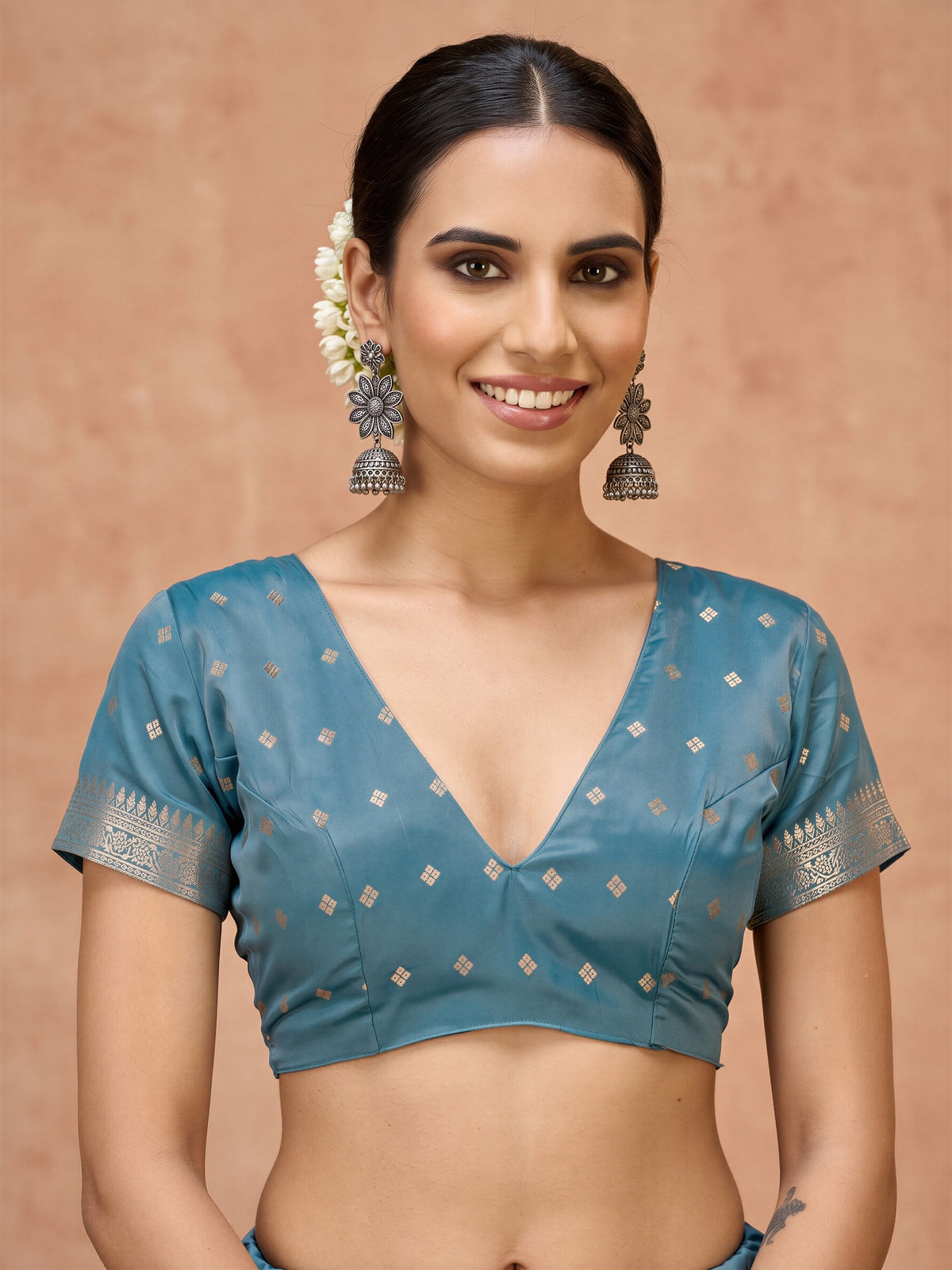 Unstitched teal blue satin silk blouse piece with paisley design