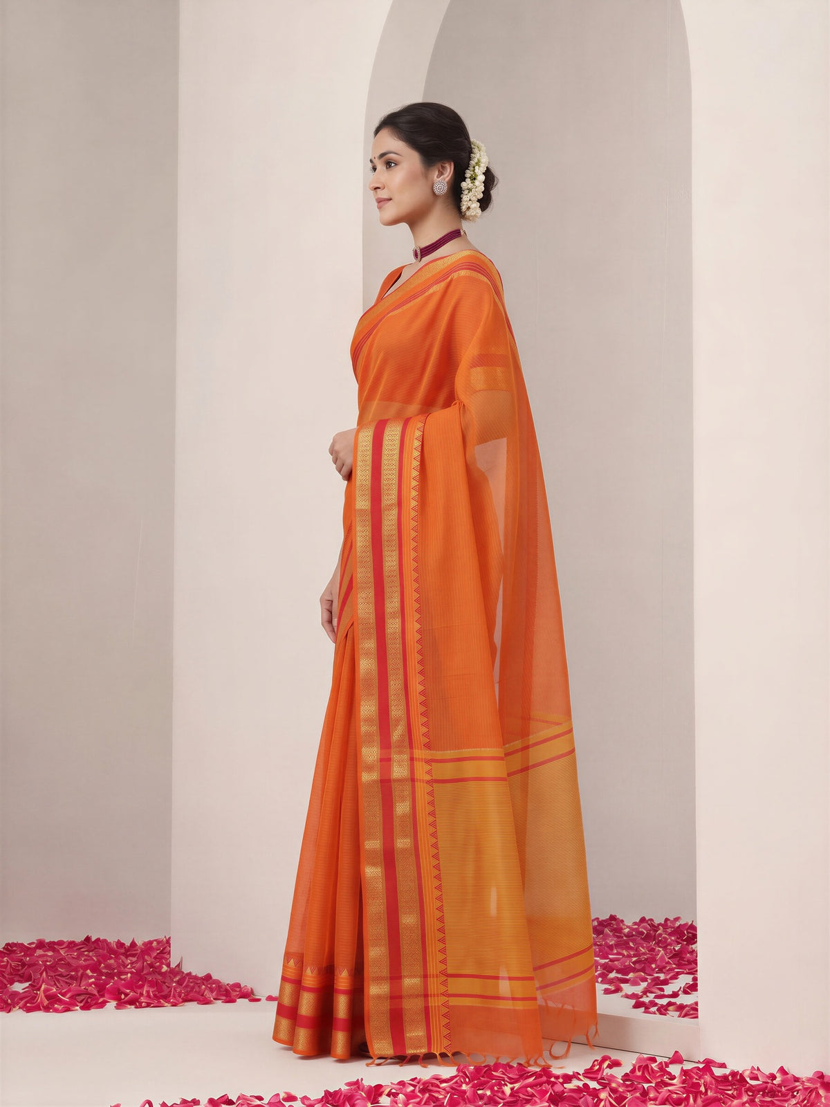 Orange kota doria cotton saree view 2
