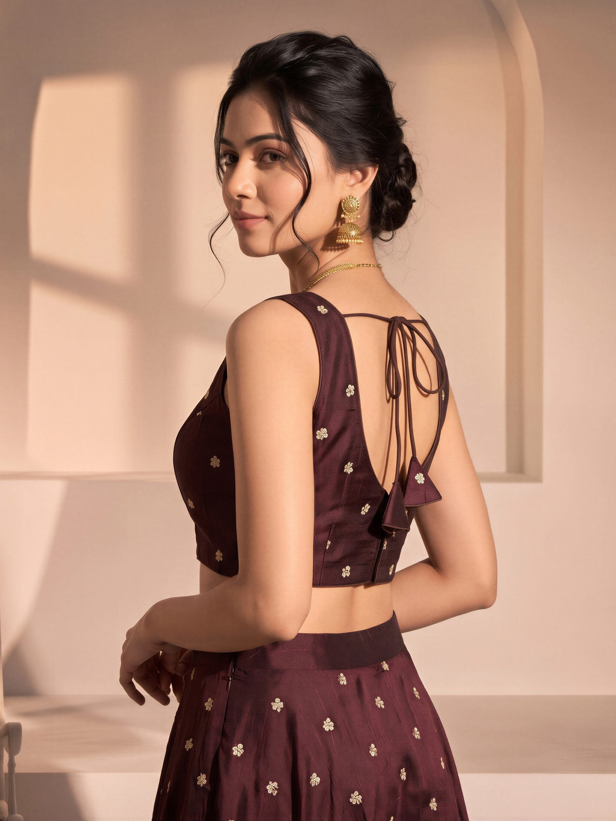 Brown sequin embellished vichitra silk sleeveless readymade saree blouse with v neck view 1