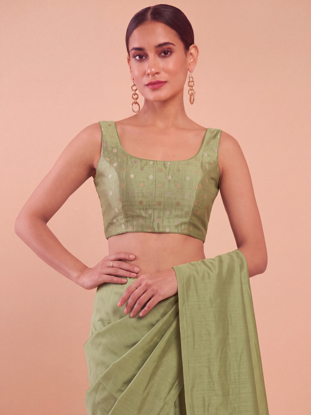 Sea Green zari woven georgette sleeveless readymade saree blouse with round neck view 4