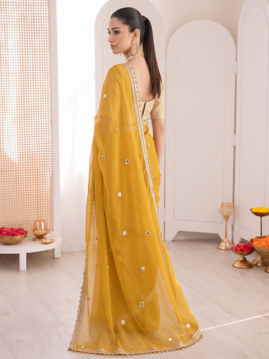 Yellow poly georgette saree view 1