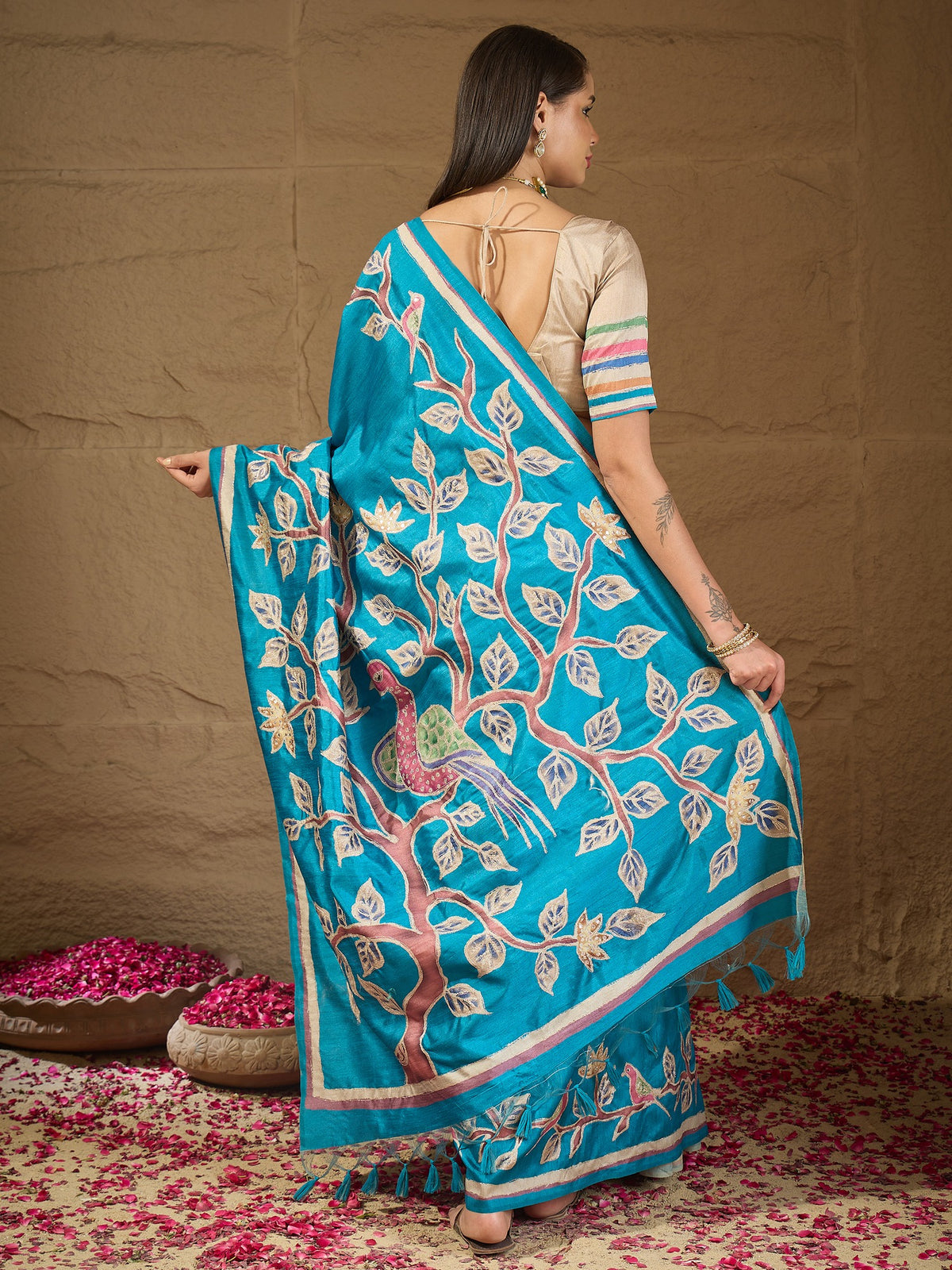 Turquoise Blue art silk saree view 2