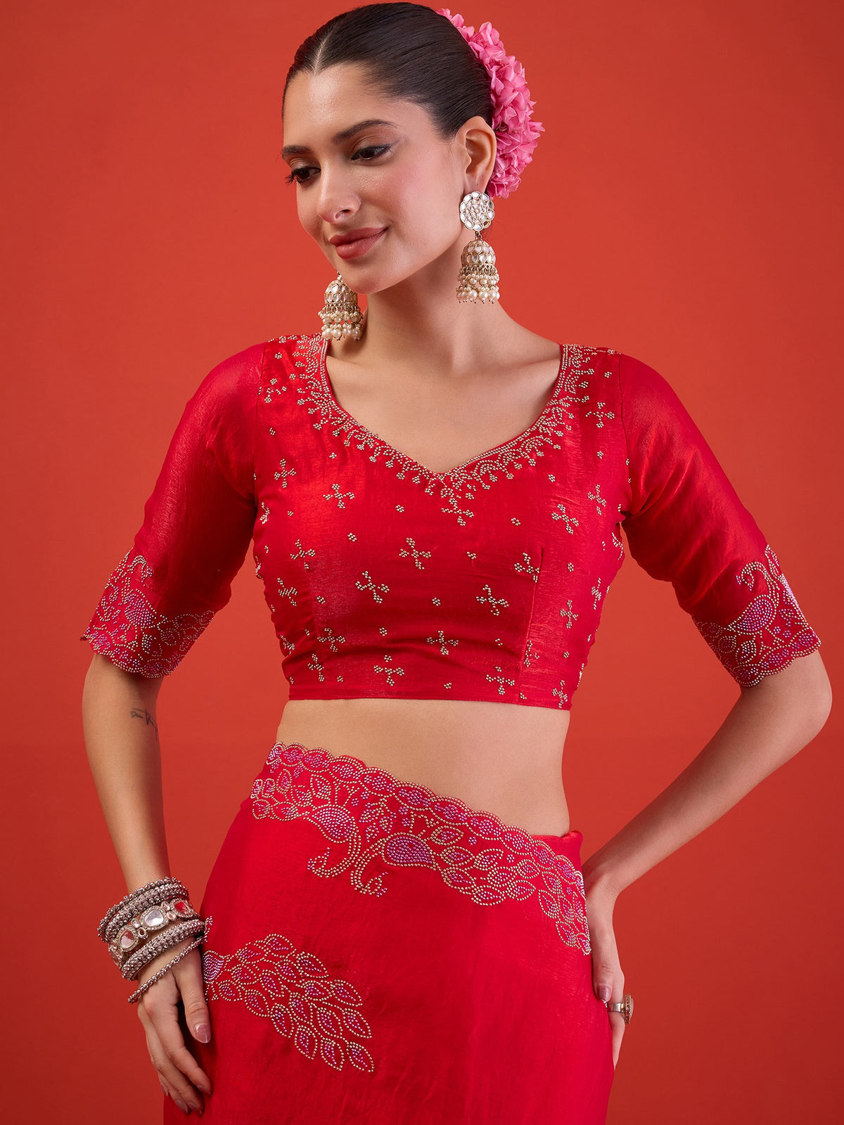Pink Satin saree – detail view 5