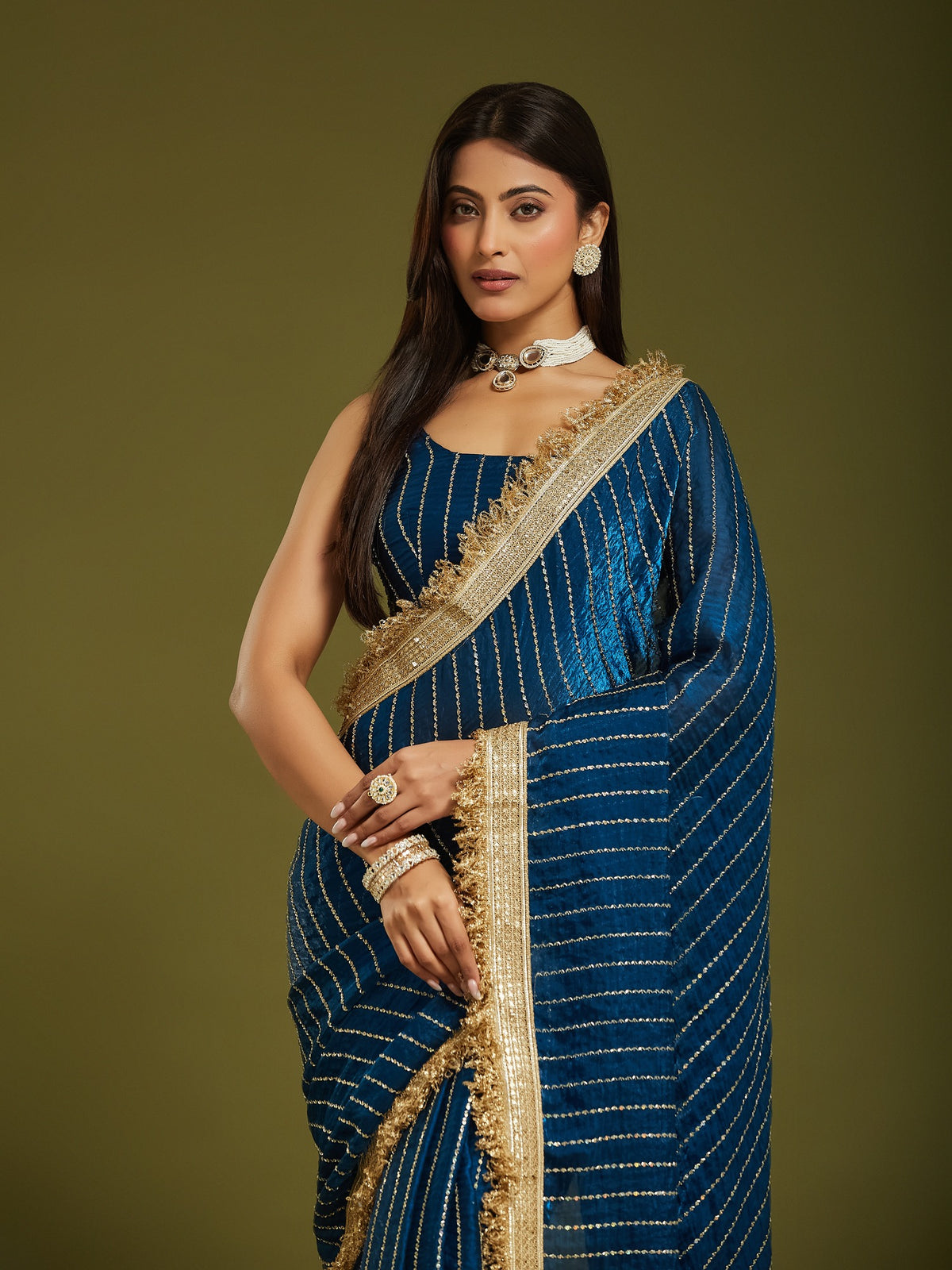 Teal Blue Satin saree – detail view 6