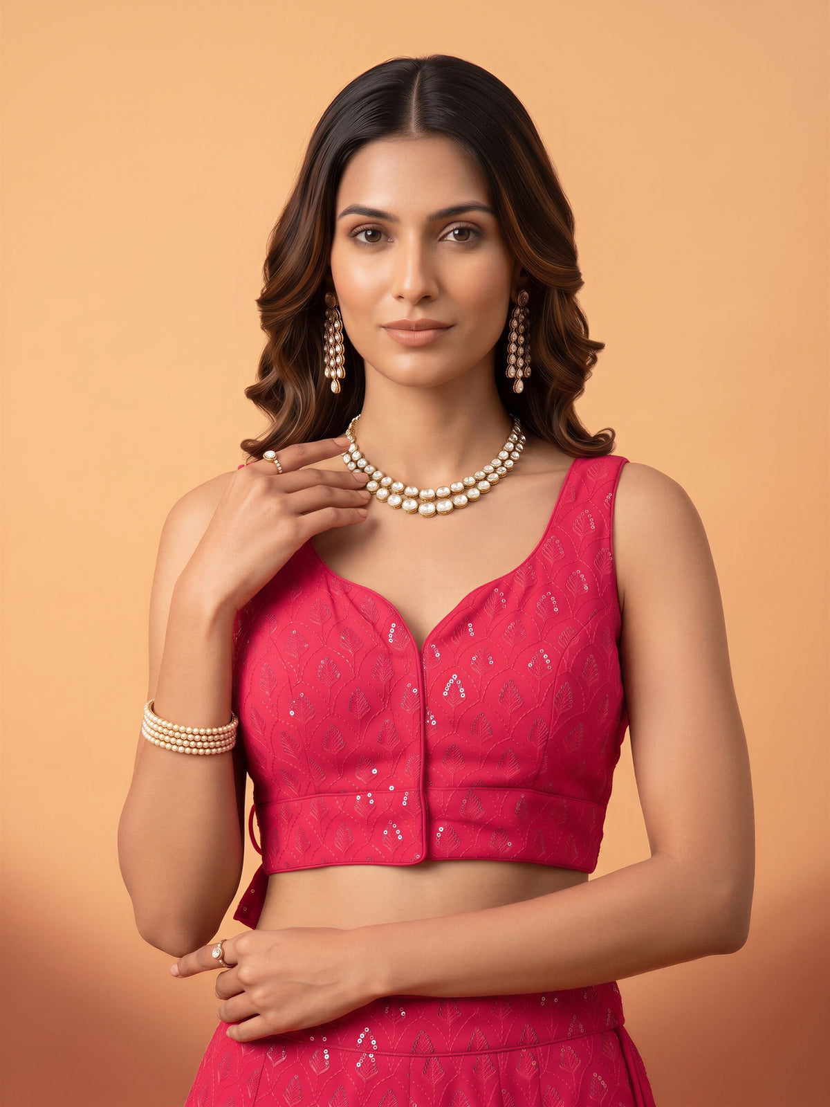 Pink sequin embroidered georgette sleeveless readymade saree blouse with sweetheart neck view 3