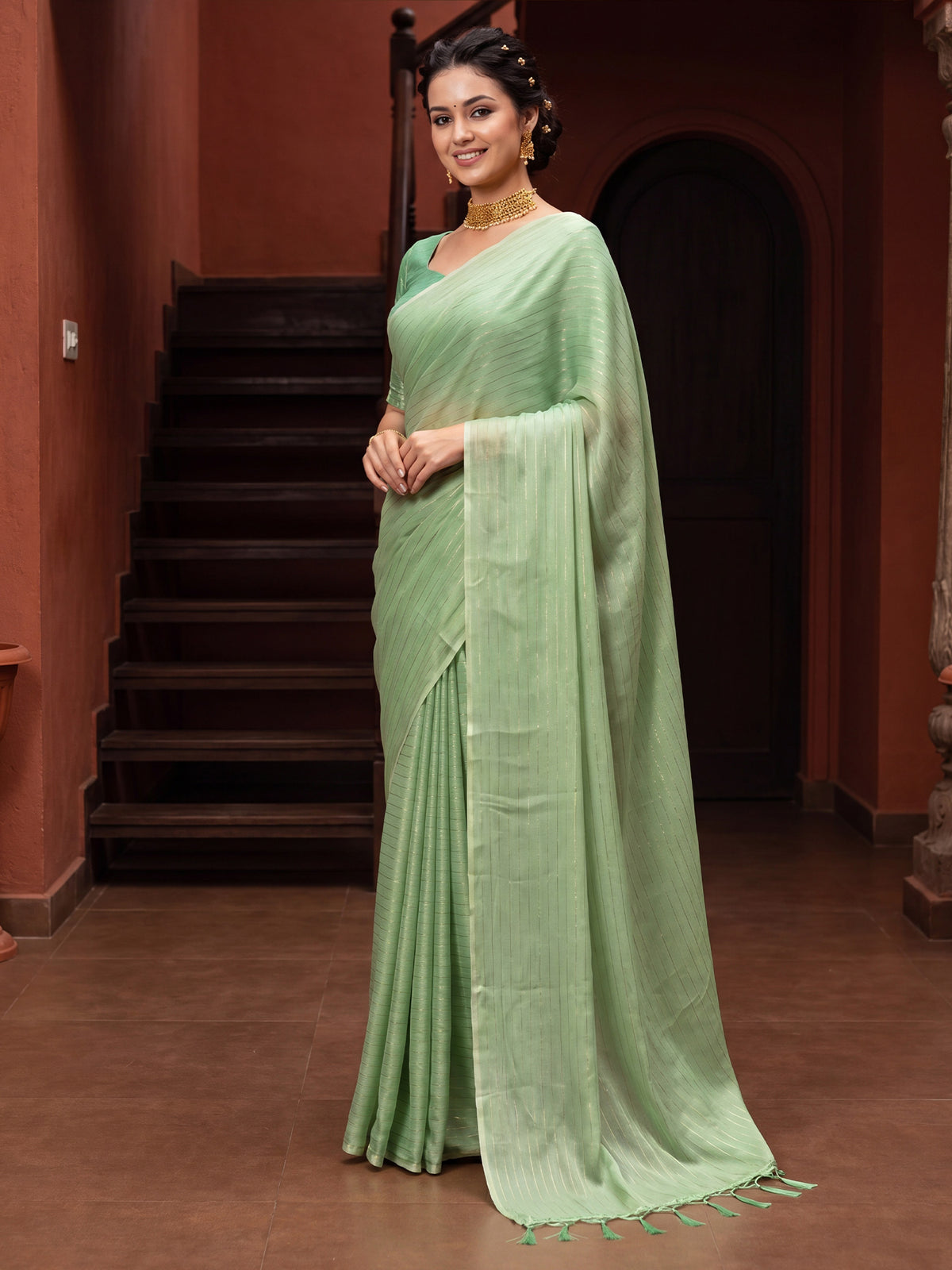 Light Green Poly Georgette saree – detail view 3