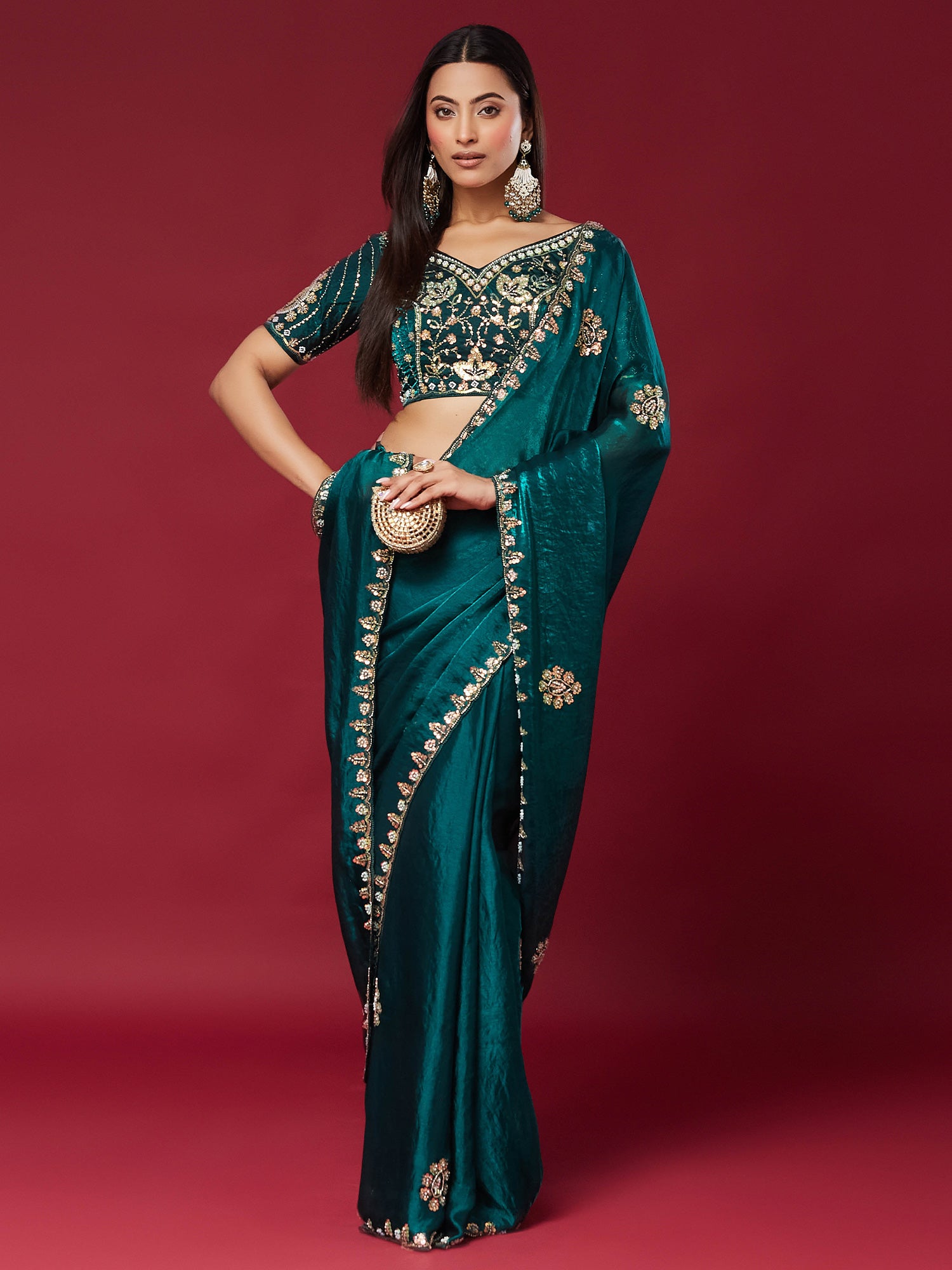Teal Green Satin Silk saree – detail view 2