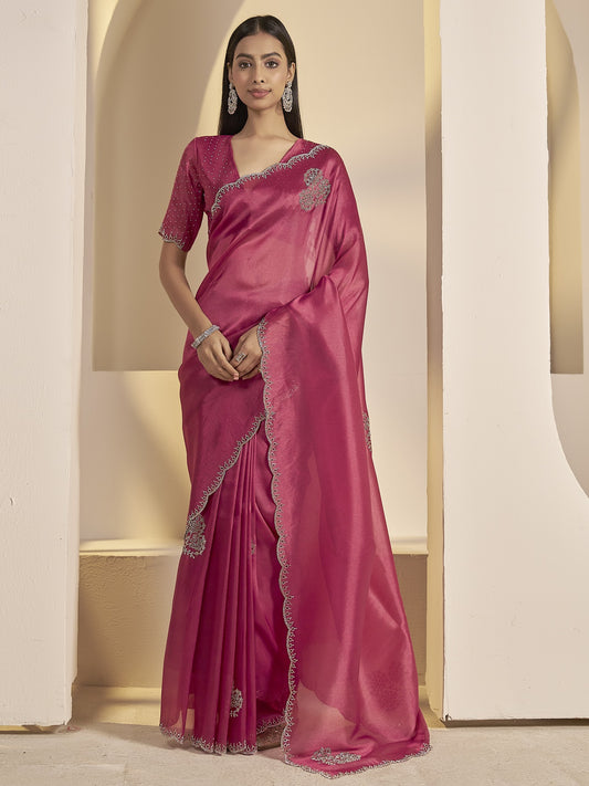 Magenta embellished organza saree with magenta blouse piece