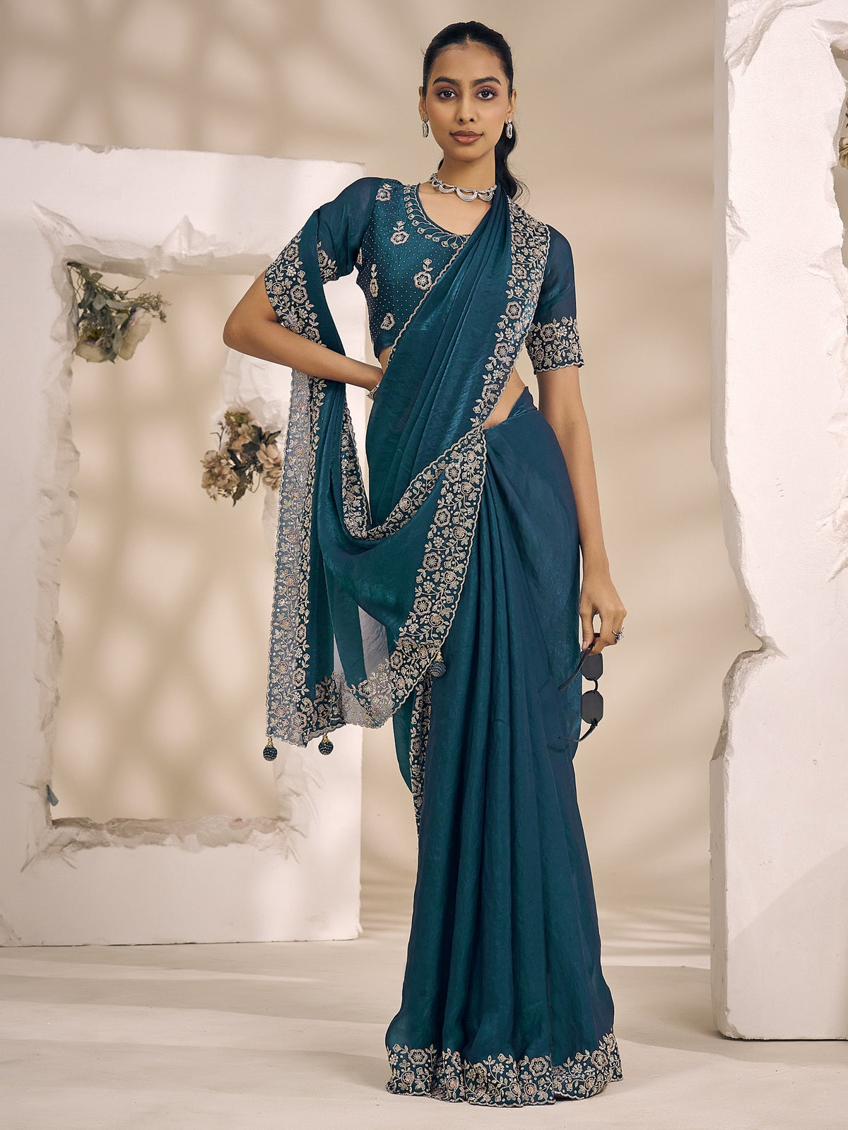 Teal satin silk saree view 3