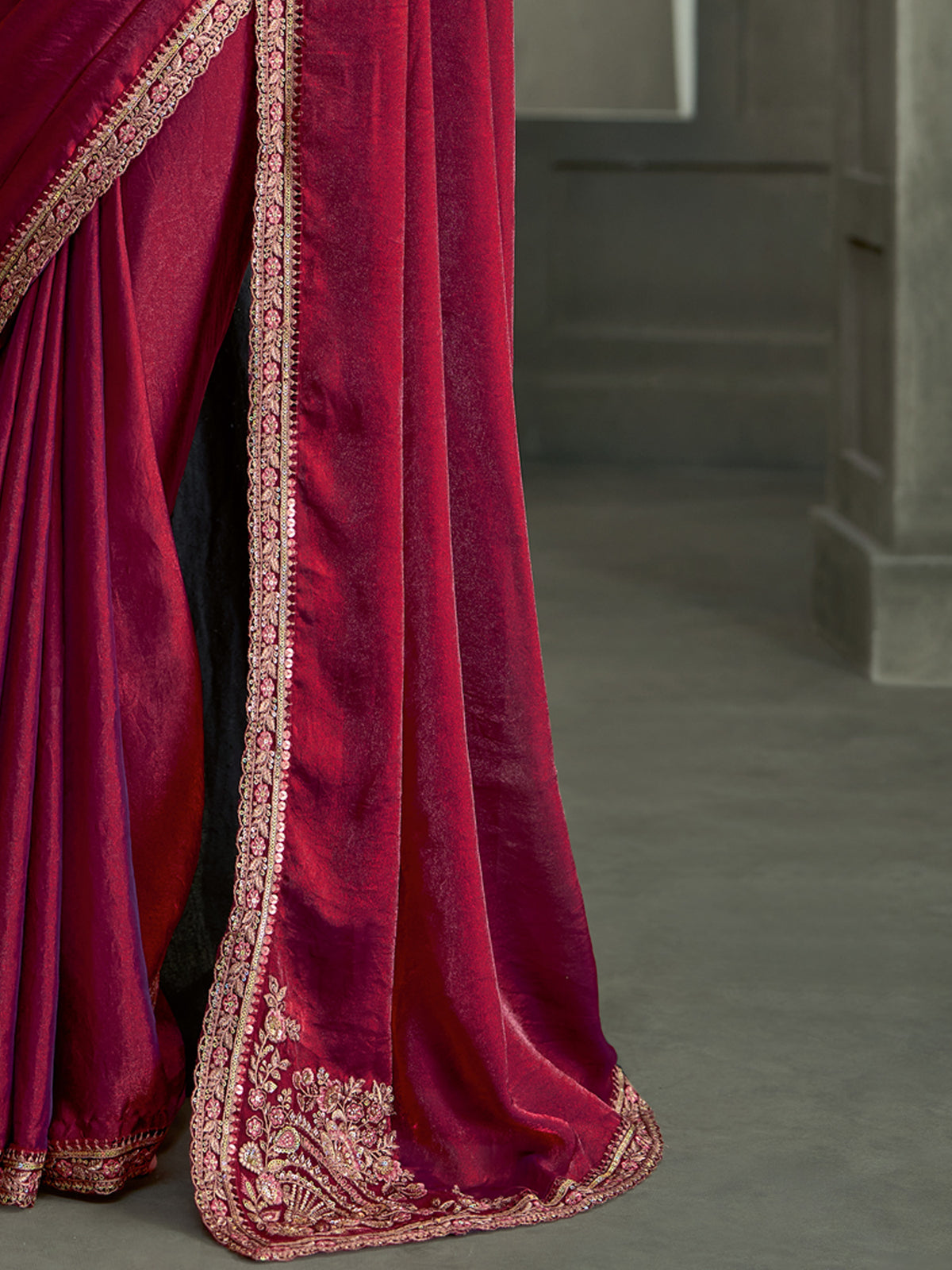 Wine Satin Silk saree – detail view 4