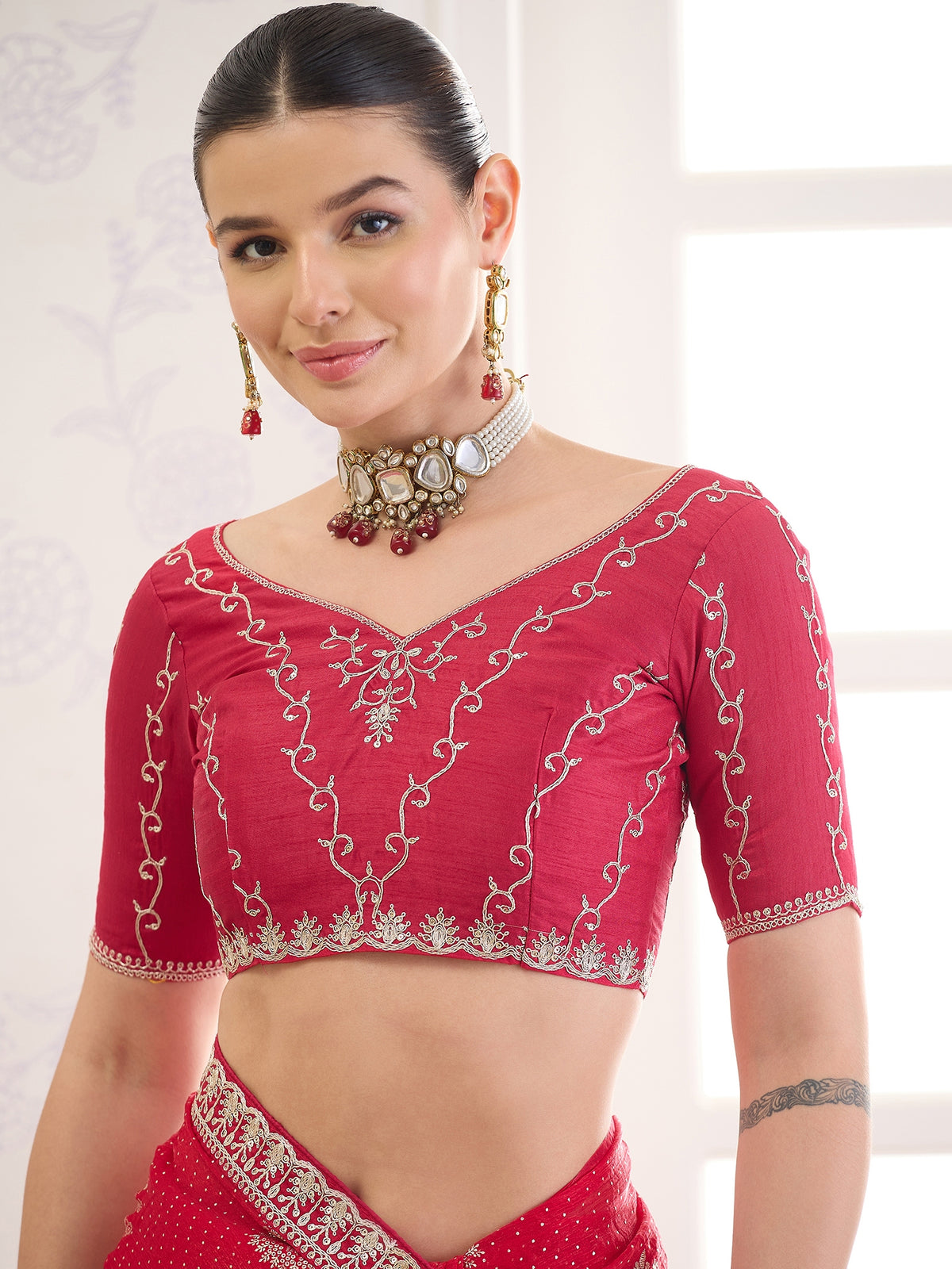 Unstitched red banglori silk blouse piece with embellished design