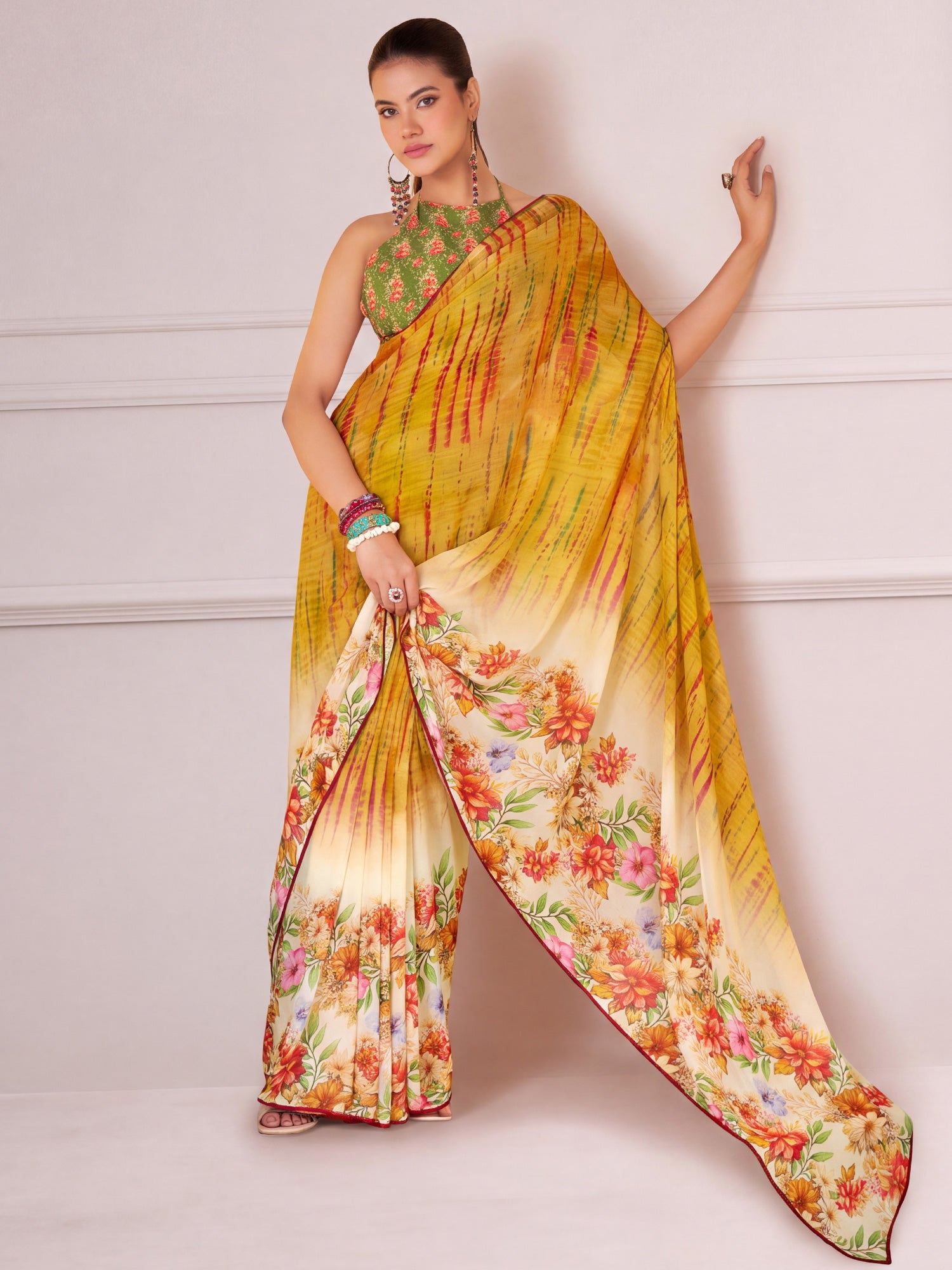 Mustard Georgette saree – detail view 1