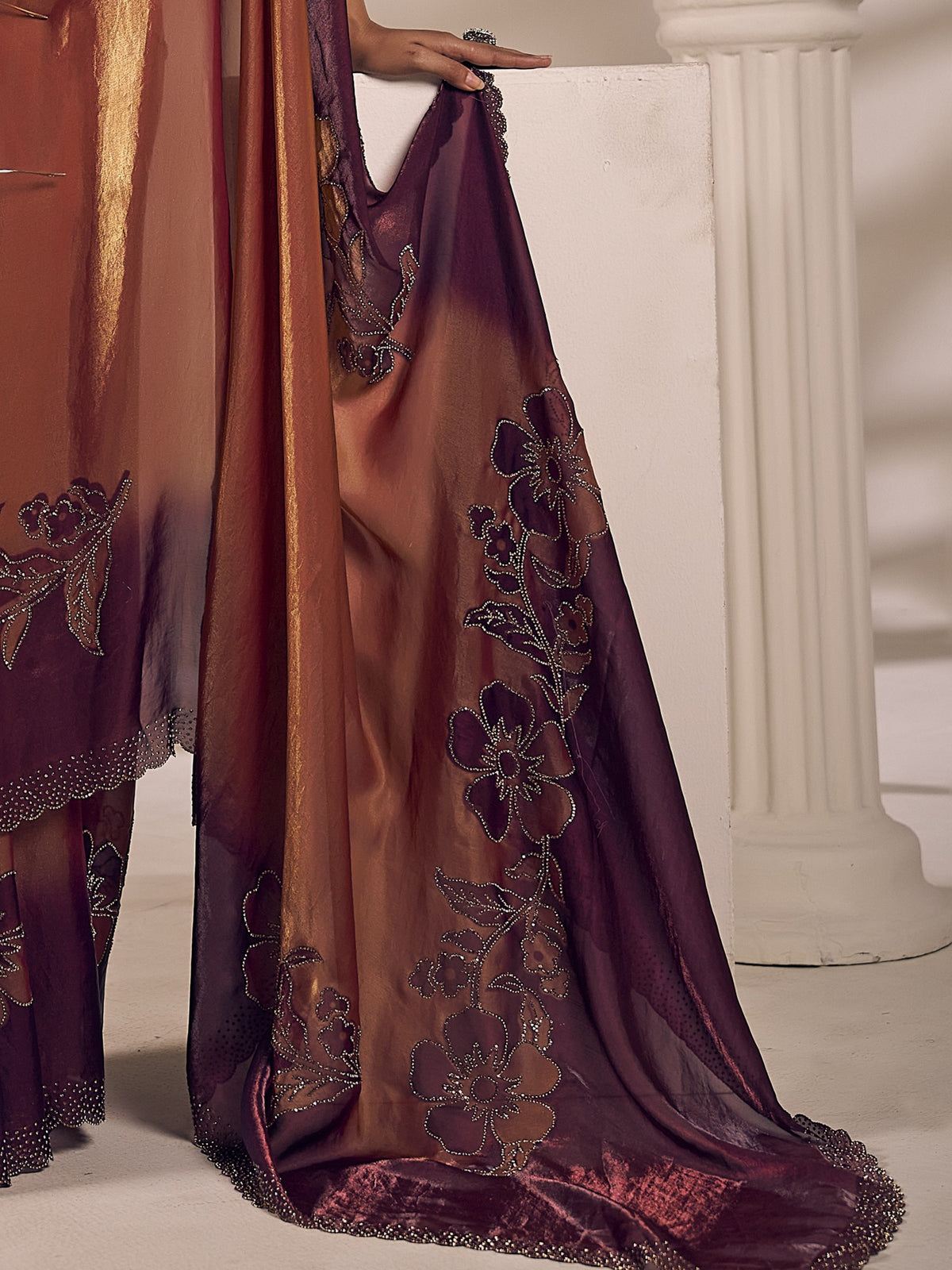 Rust satin silk saree view 5