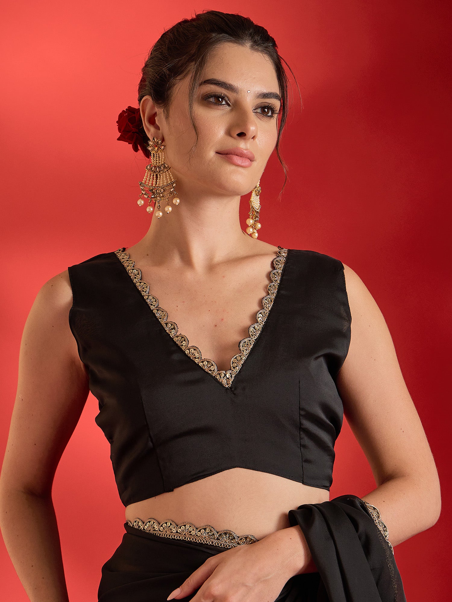 Unstitched black pure georgette blouse piece with embellished design