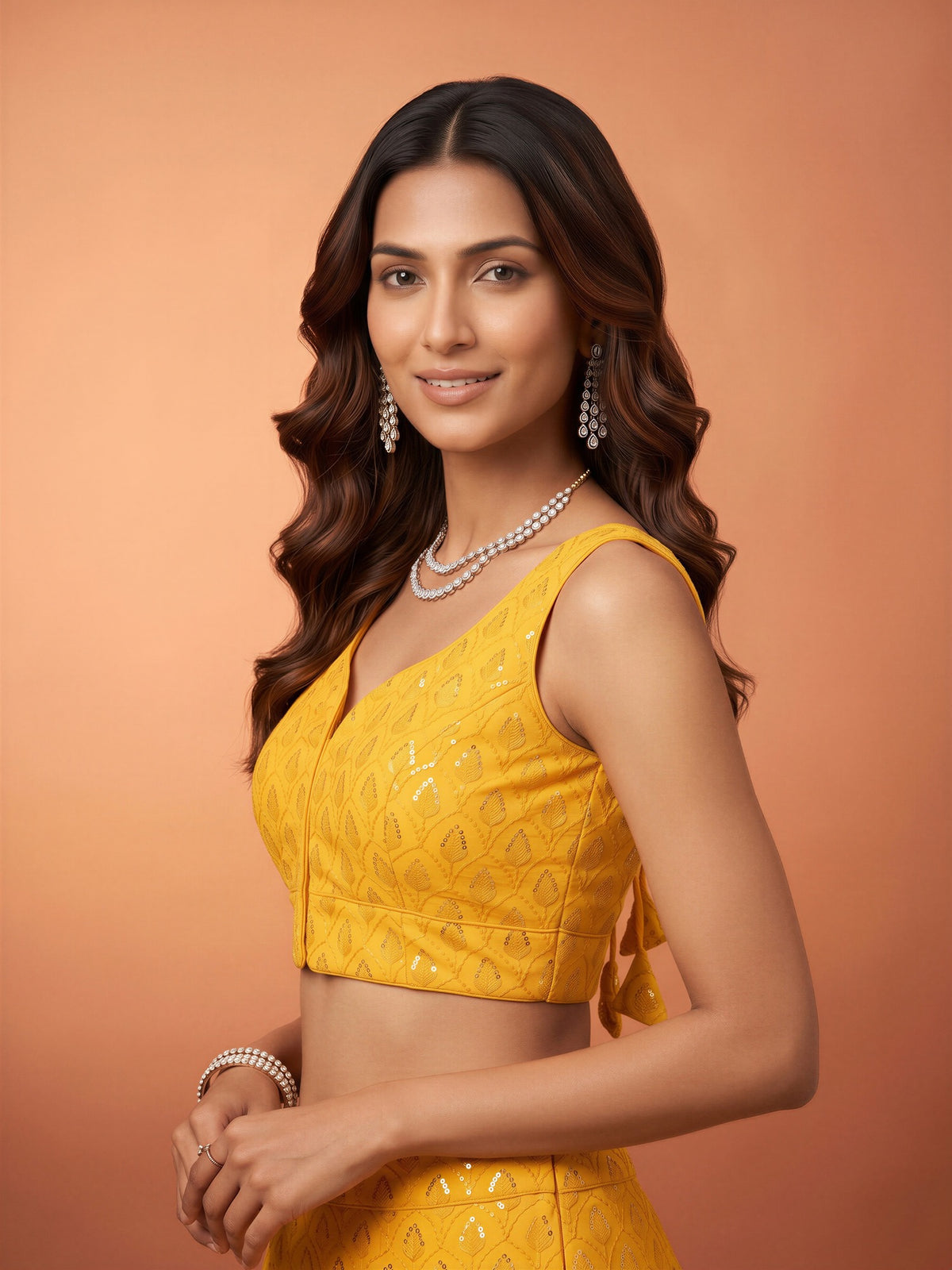 Mustard sequin embroidered georgette sleeveless readymade saree blouse with sweetheart neck view 2