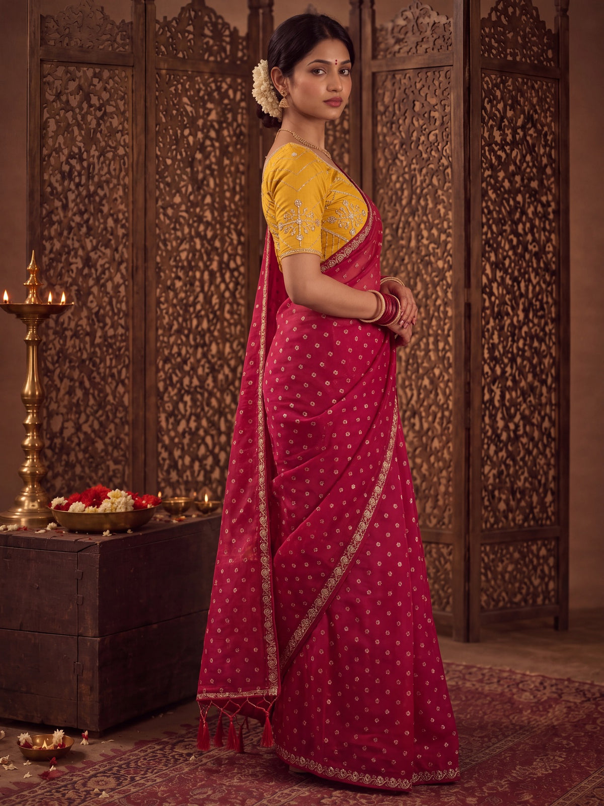 Red Chiffon saree – detail view 2