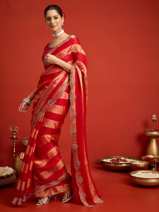 Red Satin Silk saree – detail view 1
