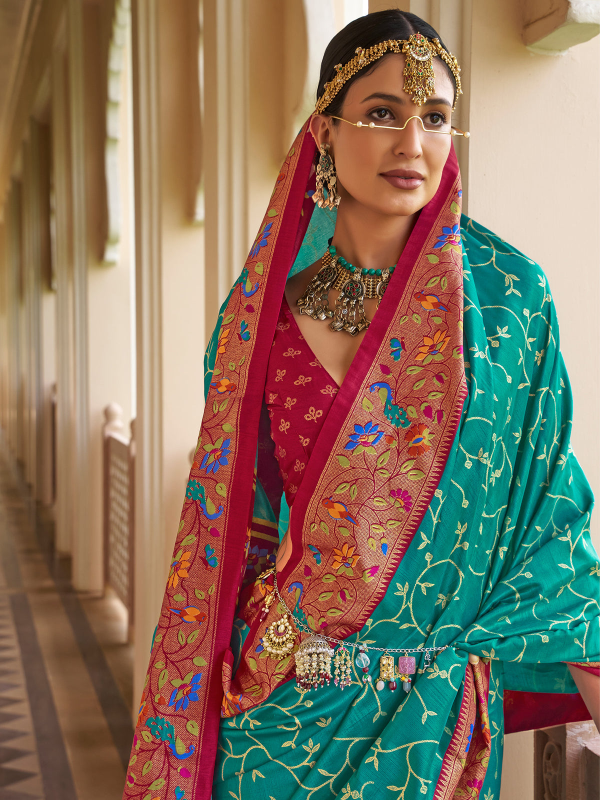 Turquoise Silk Blend saree – detail view 1