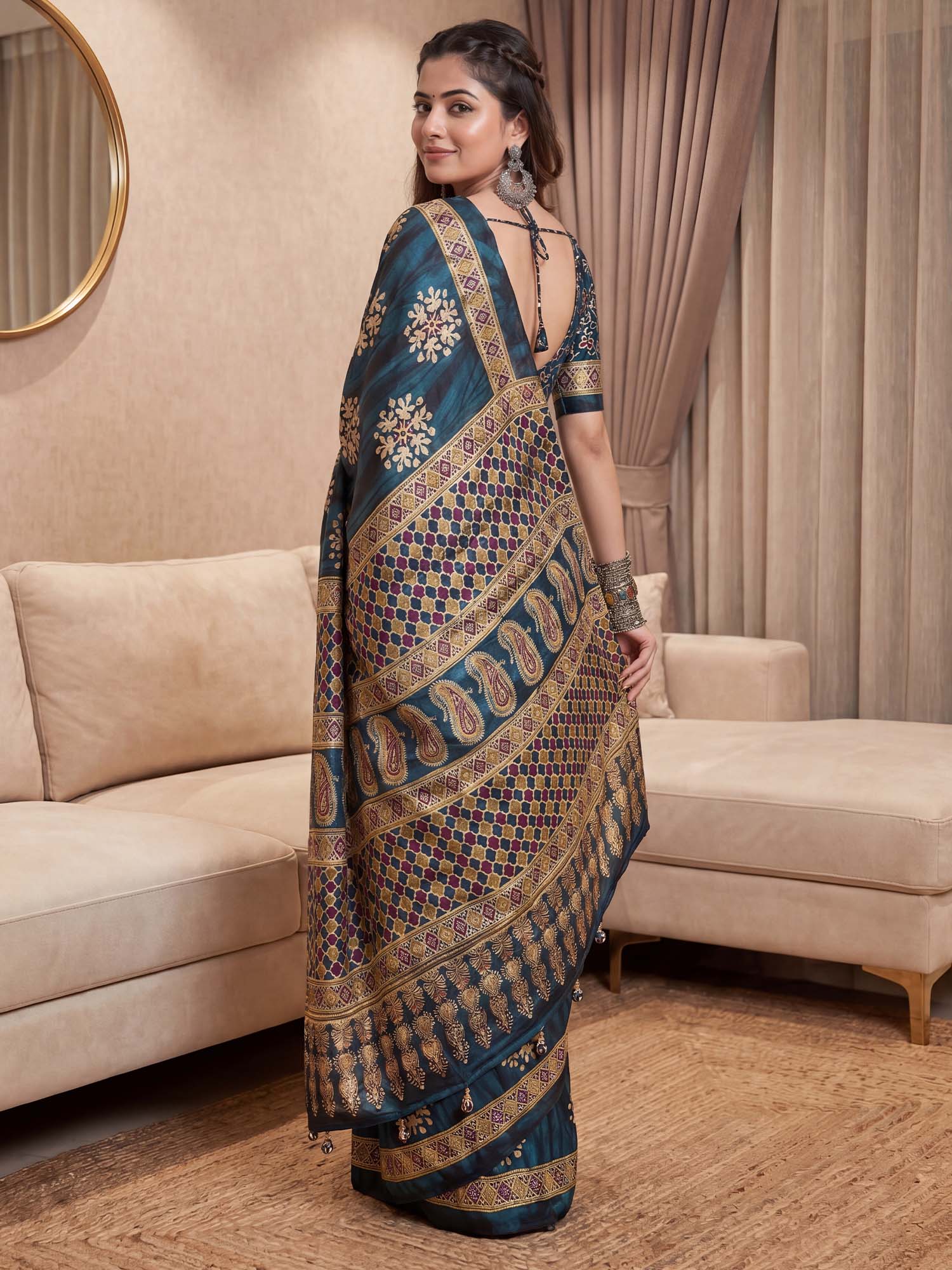 Teal Blue Pure Crepe saree – detail view 1