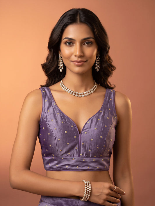 Mauve sequin embellished silk blend sleeveless readymade saree blouse with v neck