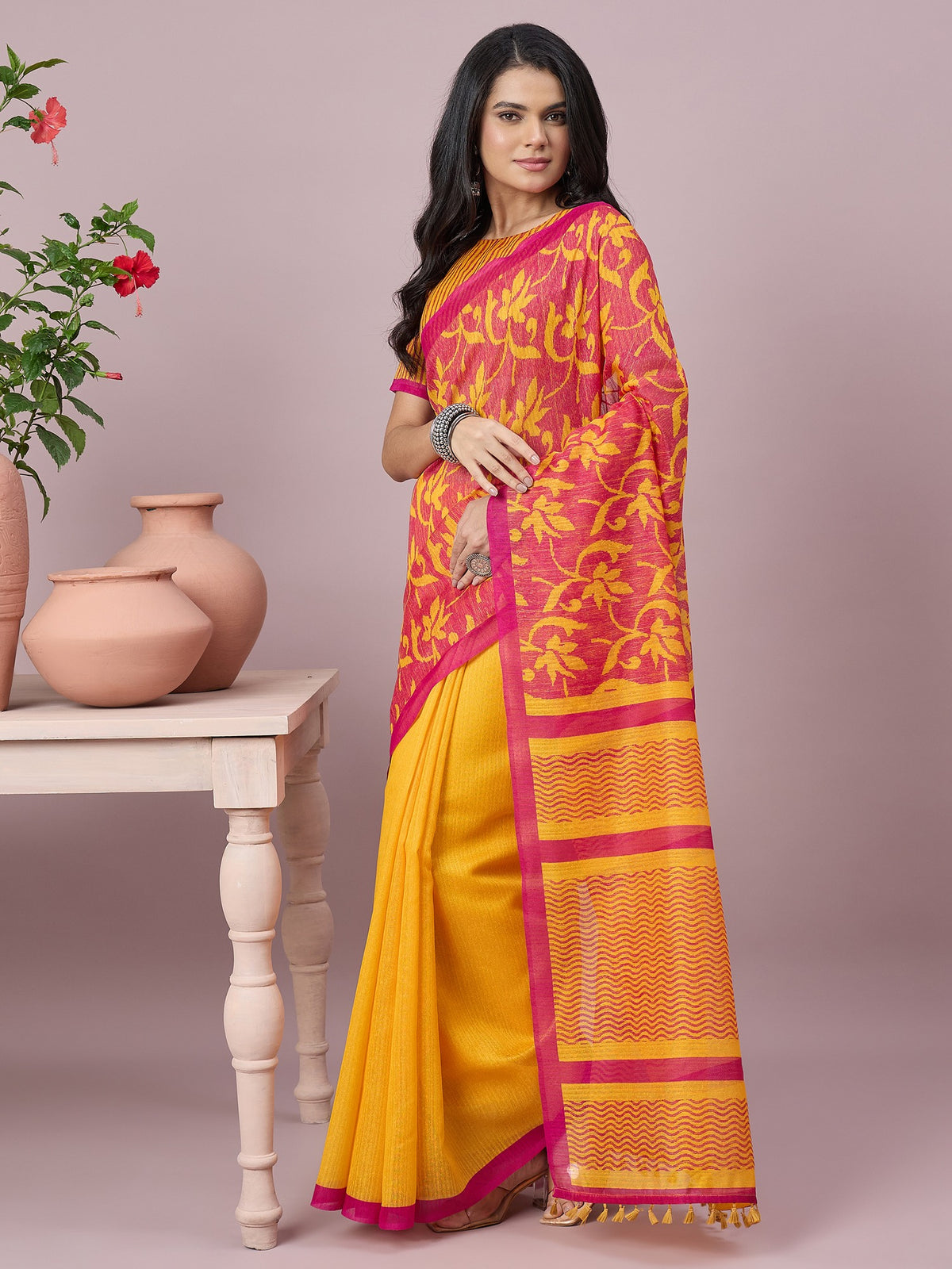 Mustard cotton slub saree view 3