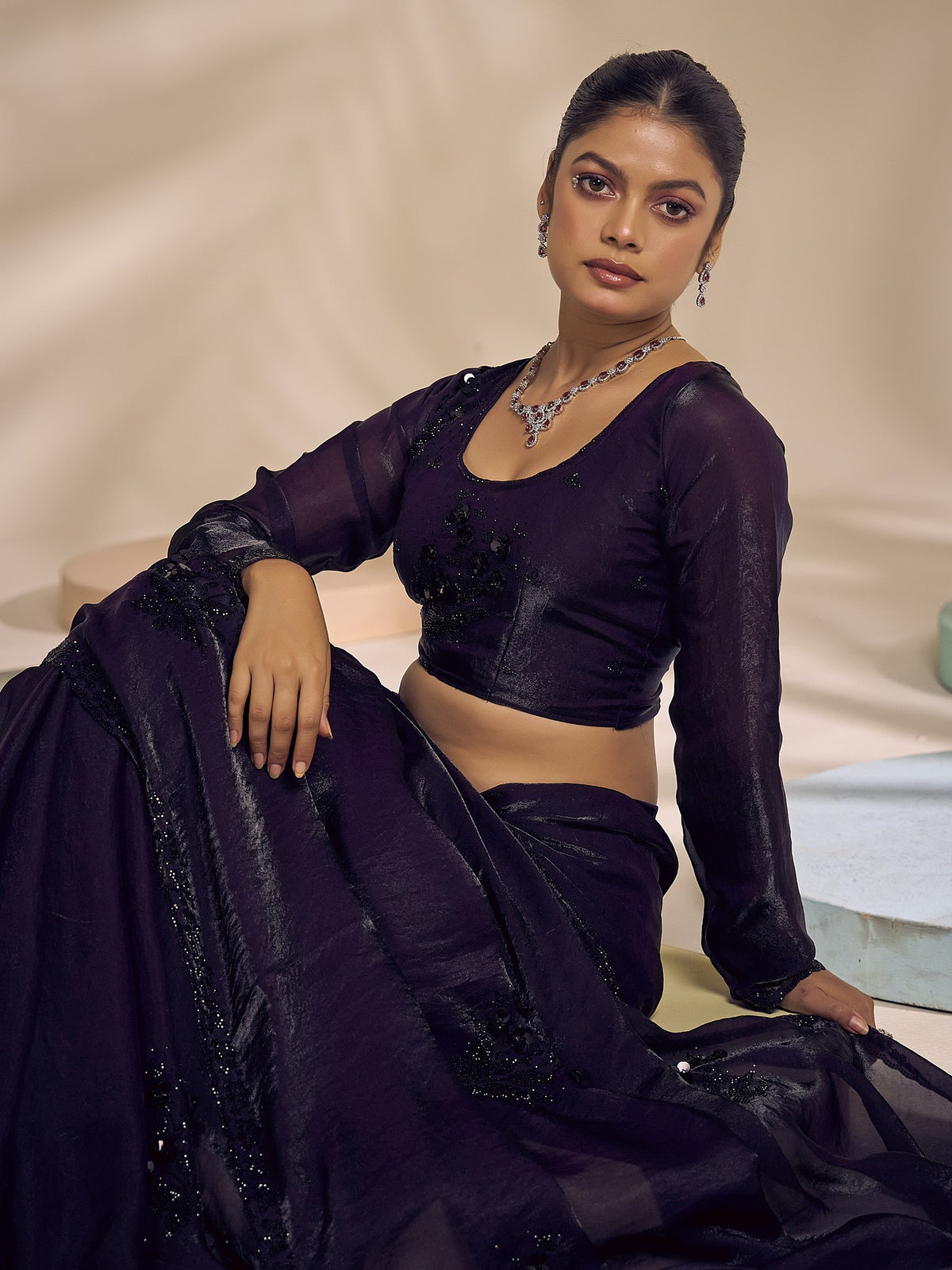Purple satin silk saree view 6