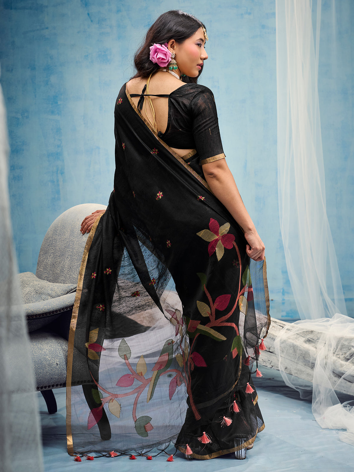 Black Muga Cotton saree – detail view 1