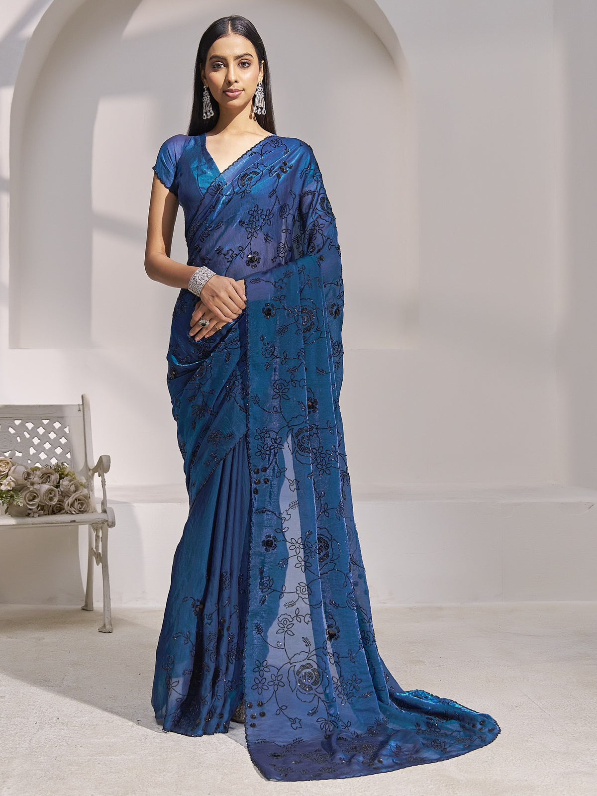 Teal Blue embellished satin silk saree with teal blue blouse piece